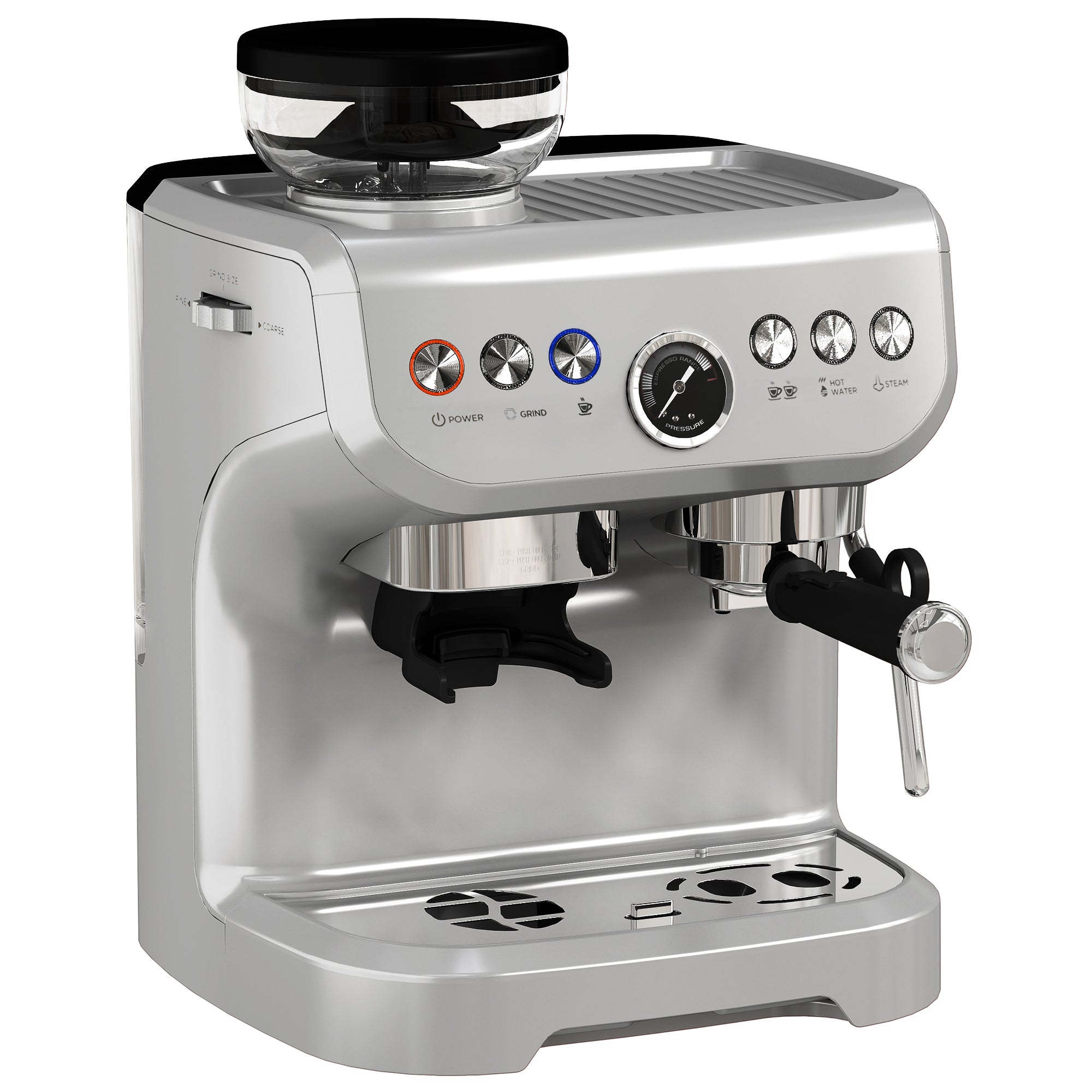 HOMCOM Espresso Machine, Bean Grinder & Steam Wand, 15 Bar Pressure, Silver.