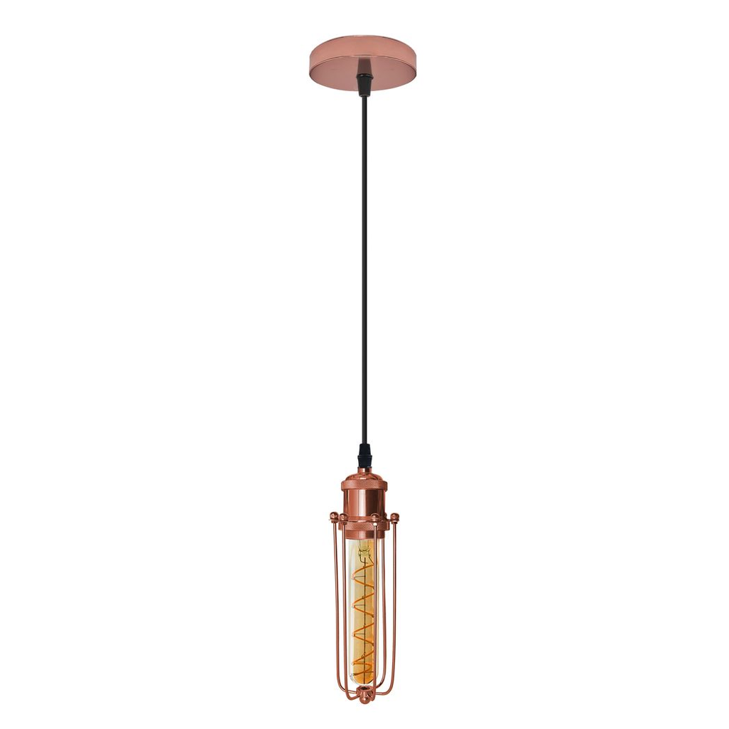 Single Rose Gold Ceiling E27 Pendant Light with Wire Cage