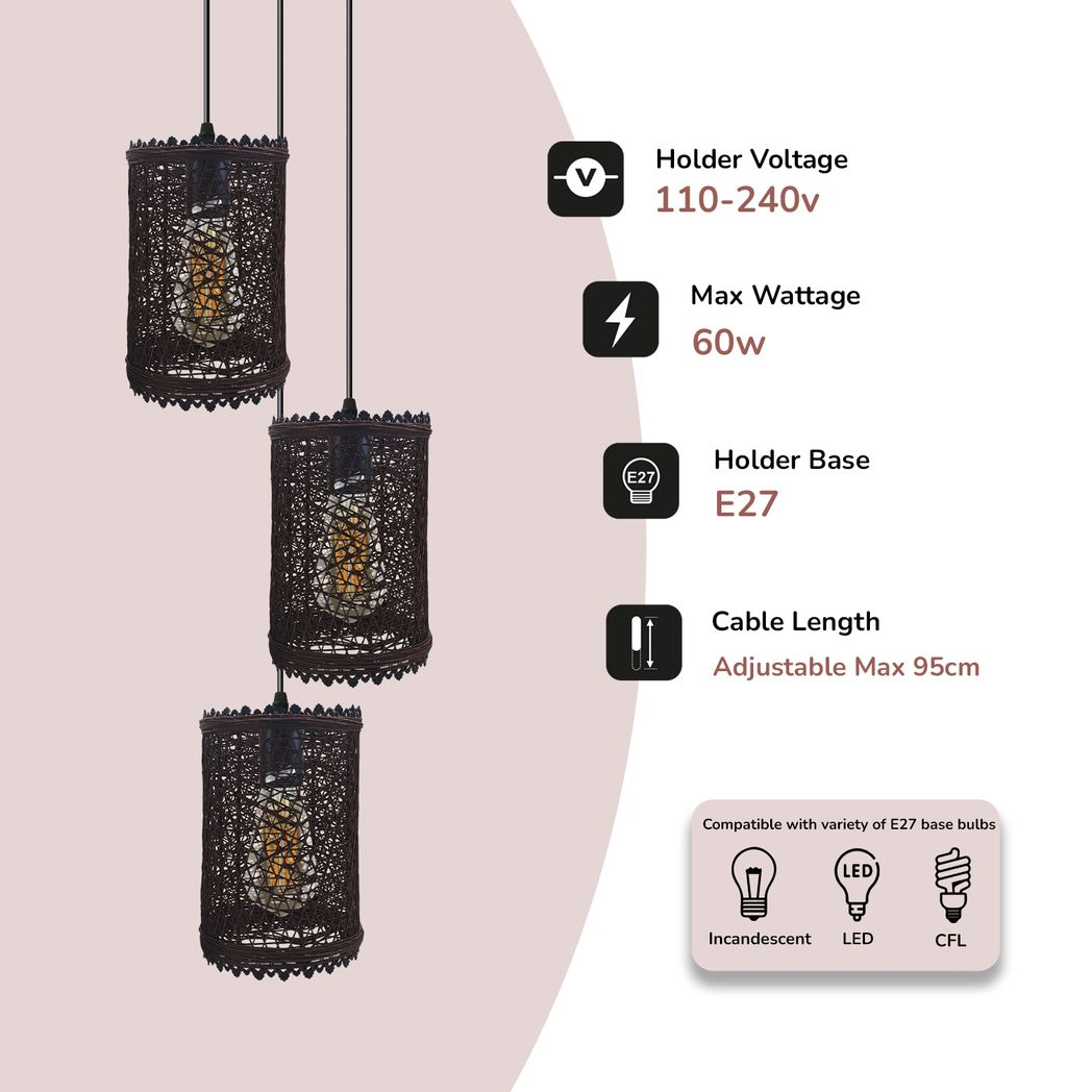 3 Head Round Base Natural Wicker Rattan Ceiling Pendant Light Shade E27 Base