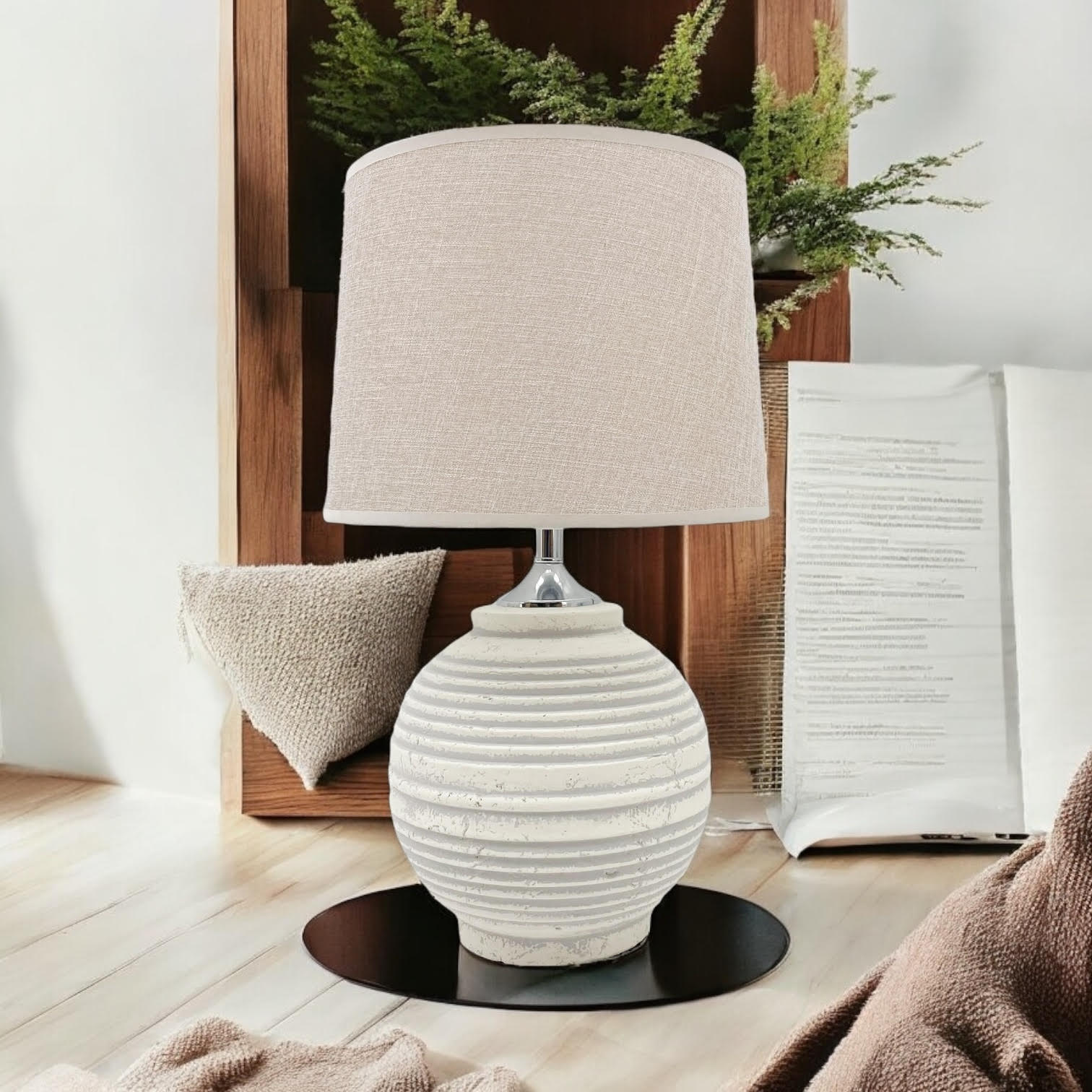 AcaciaHome Elegant Ceramic Table Lamp with Fabric Drum Shade (44cm Cream Lamp)