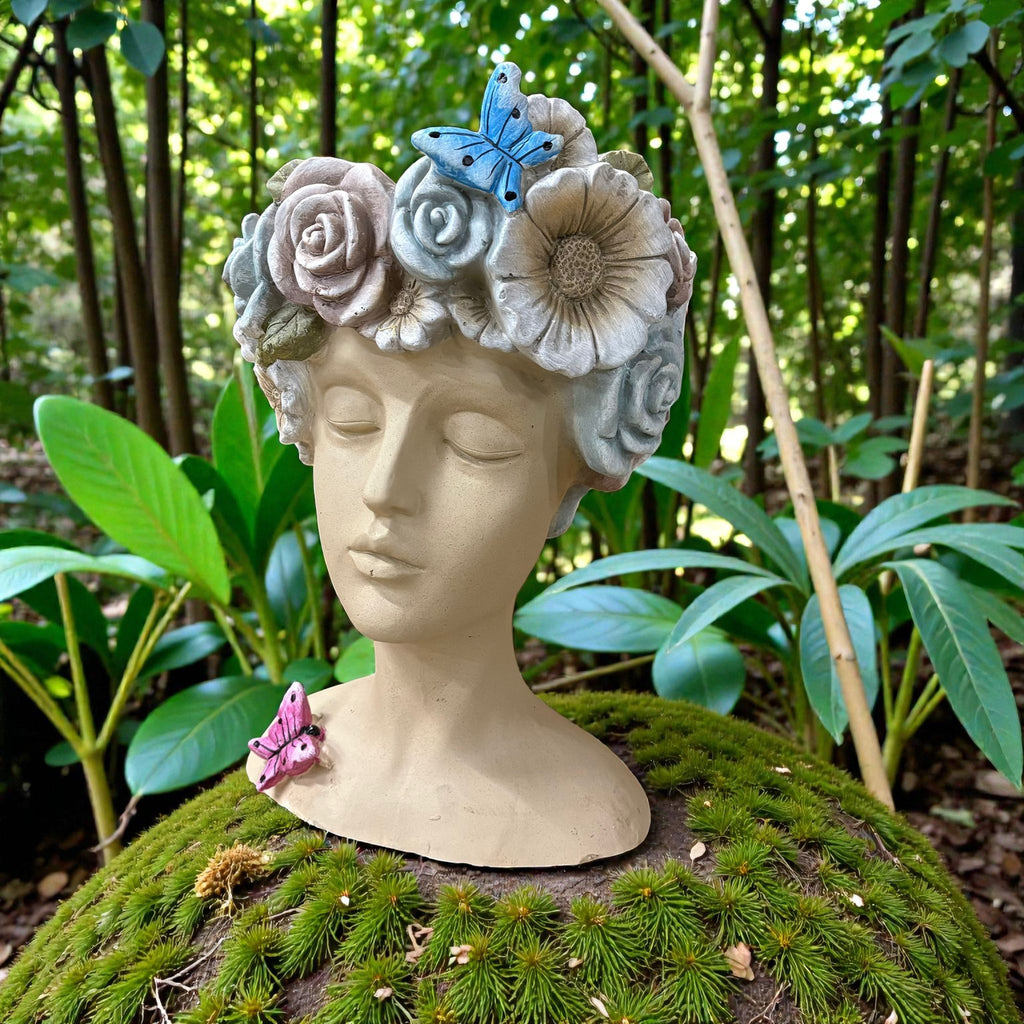 AcaciaHome Modern 42cm Fibreglass Easter Island TIKI Lady Head Planter (Cream & Gray)