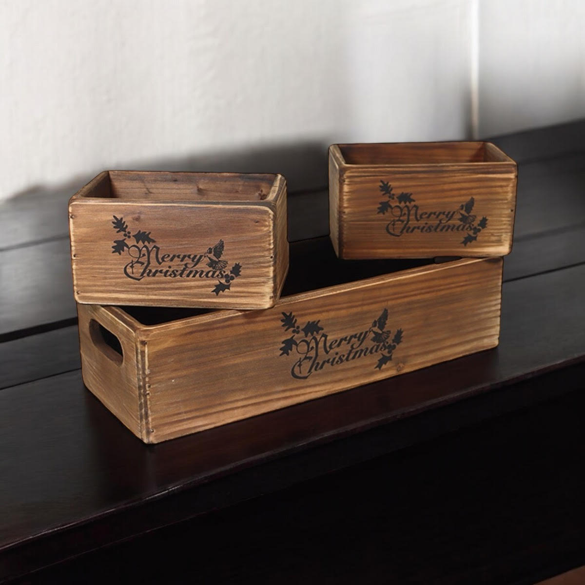 AcaciaHome Stylish and Vintage Wooden Merry Christmas Storage Crate Set (Dark Brown)
