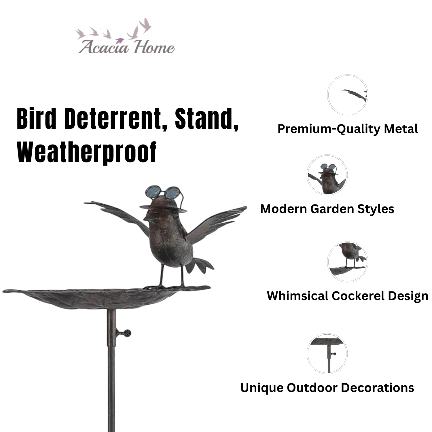 Stylish and Modern Metal Bird Feeder Birdbath Spinner Stake (Black, 50" Metal Bird)