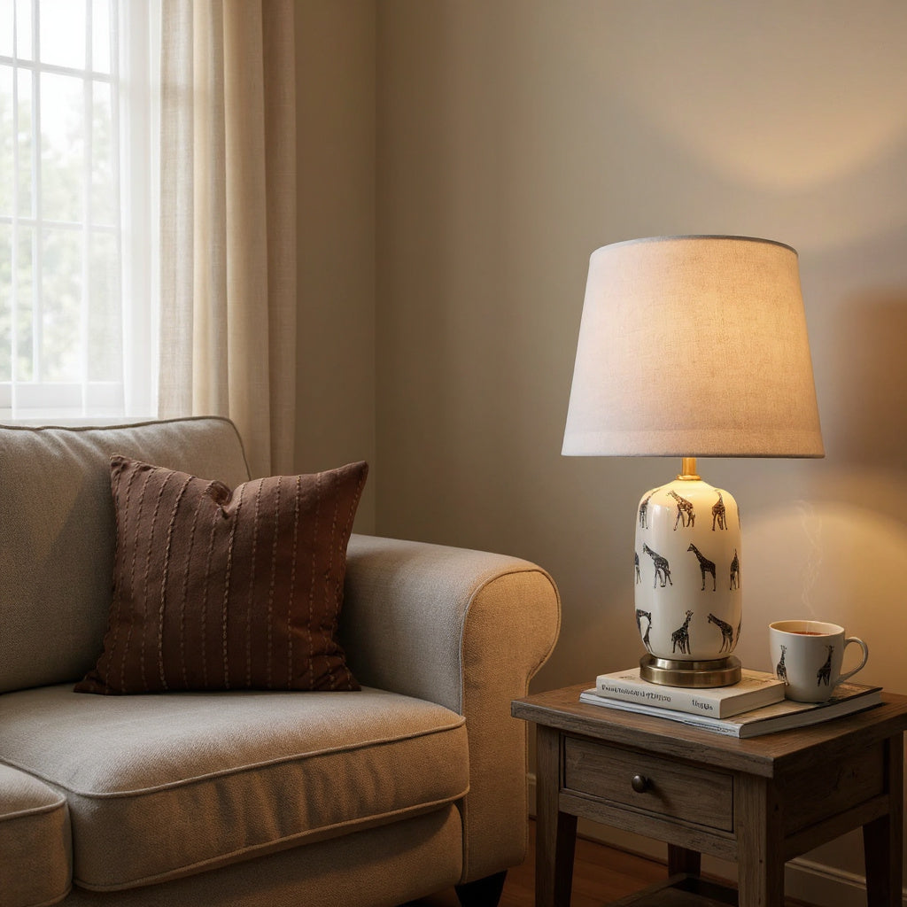 AcaciaHome Oriental Design Large Floral Ceramic Table Lamp with Drum Shade