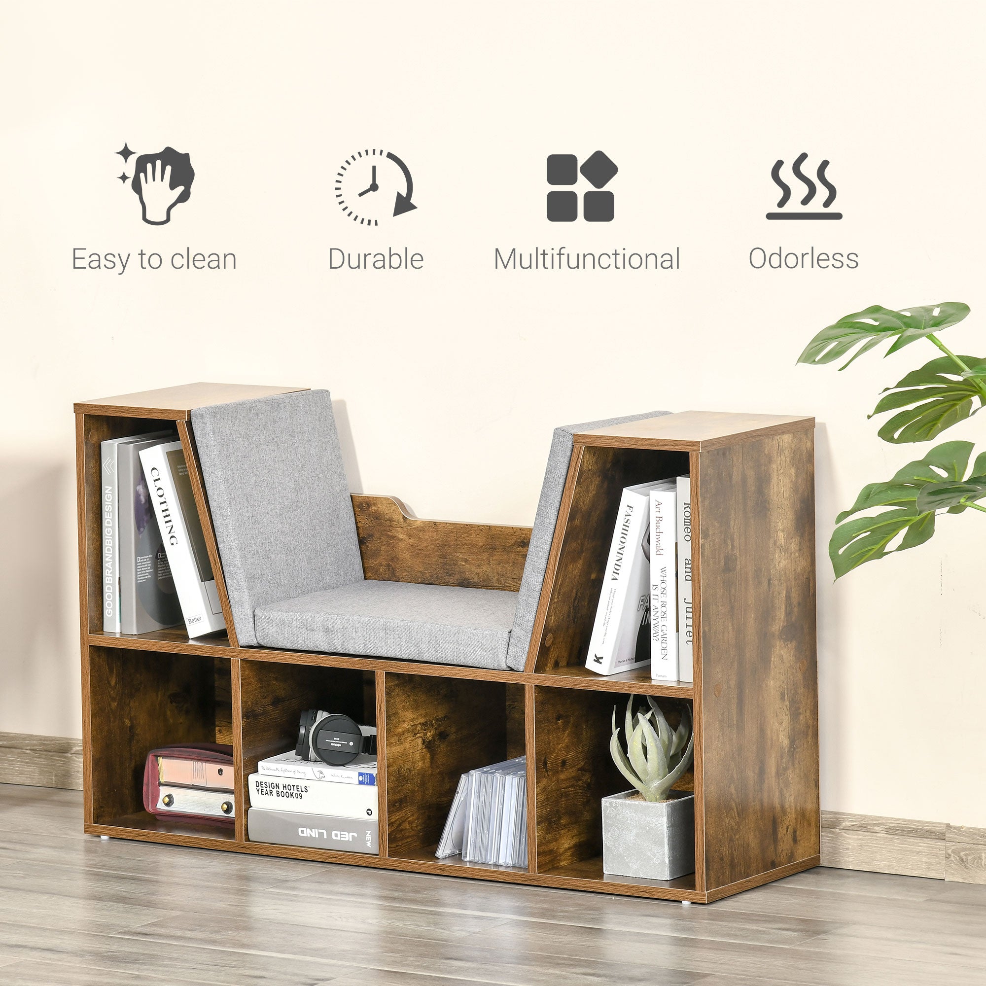 Bookcase Storage Reading Seat Unit Kids Adults Six Cubes Brown