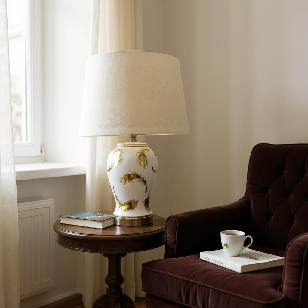 AcaciaHome Cream Ceramic Table Lamp with Drum Shade (Leaf Vase - 63cm Shade)