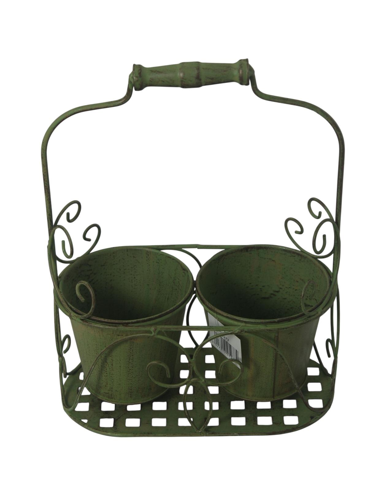 AcaciaHome Stylish Medium-Sized Double Plant Pot Basket Holder Metal Display Rack (Green)
