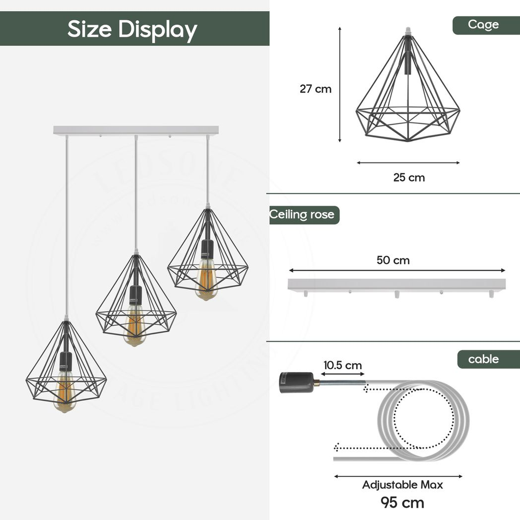 3 Head Red Rectangle Base Vintage Industrial E27 Ceiling Hanging Light Cage Shade