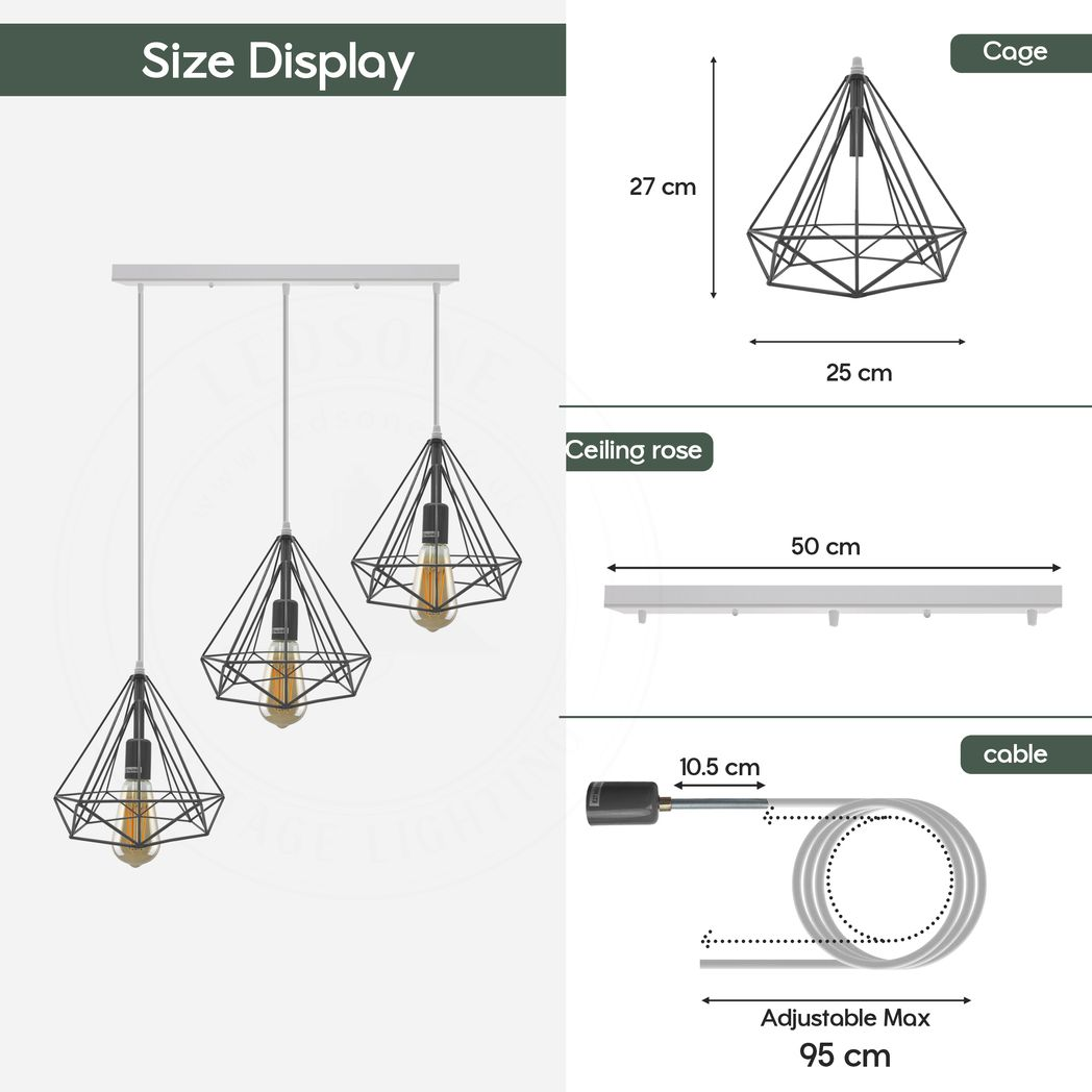 3 Head Red Rectangle Base Vintage Industrial E27 Ceiling Hanging Light Cage Shade