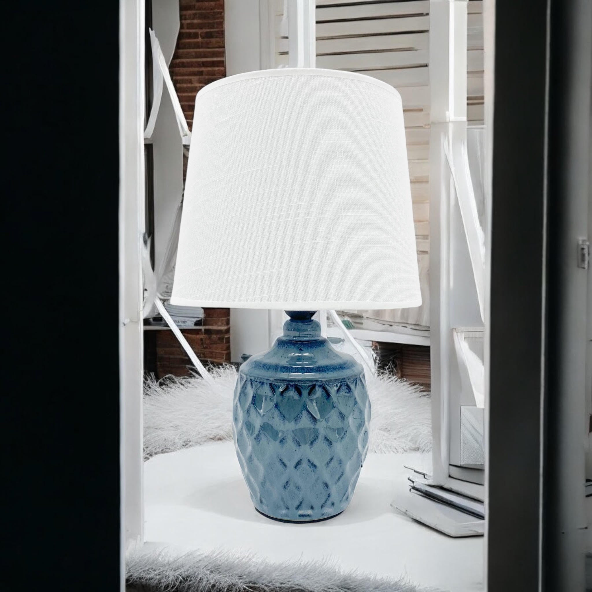 AcaciaHome Sophisticated and Durable 40cm Blue Ceramic Table Lamp with White Drum