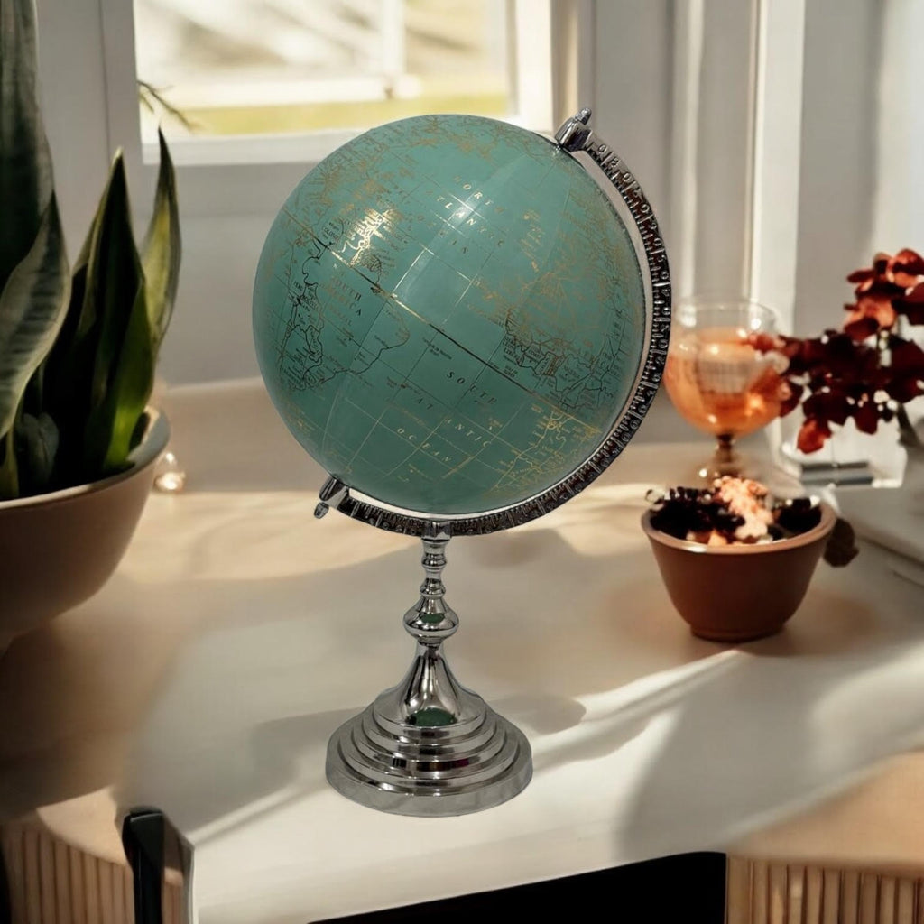 World Globe on Nickel Stand 53cm Tall - 33cm Diameter Map