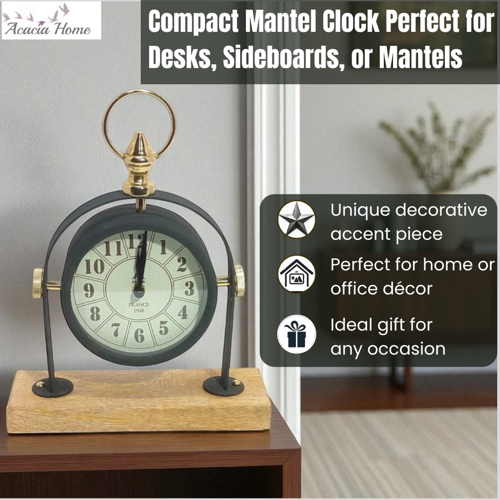 Silent Sweep Black Mantel Clock (23 cm – Arabic Numeral Dial)