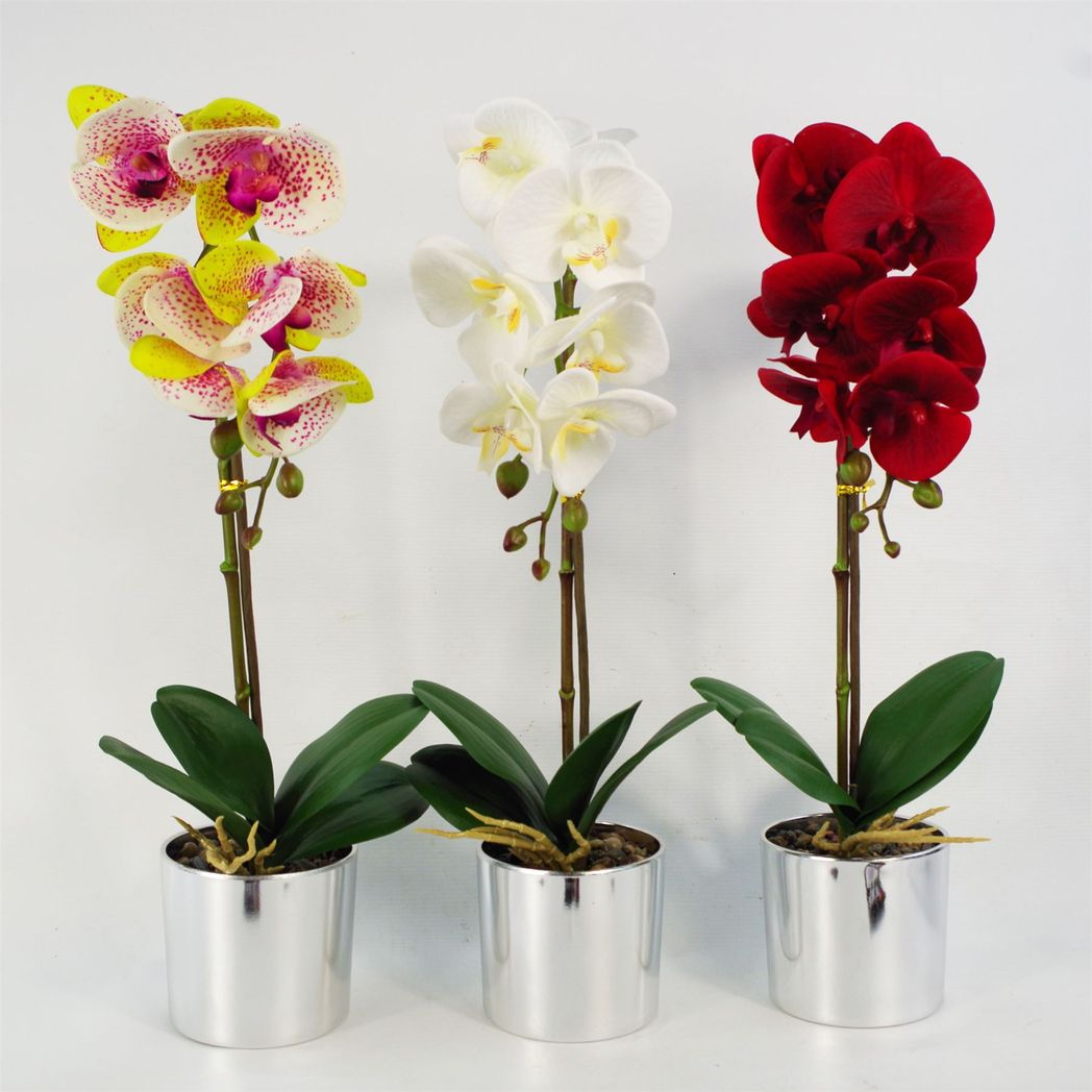 46cm Artificial Orchid White with Silver Pot