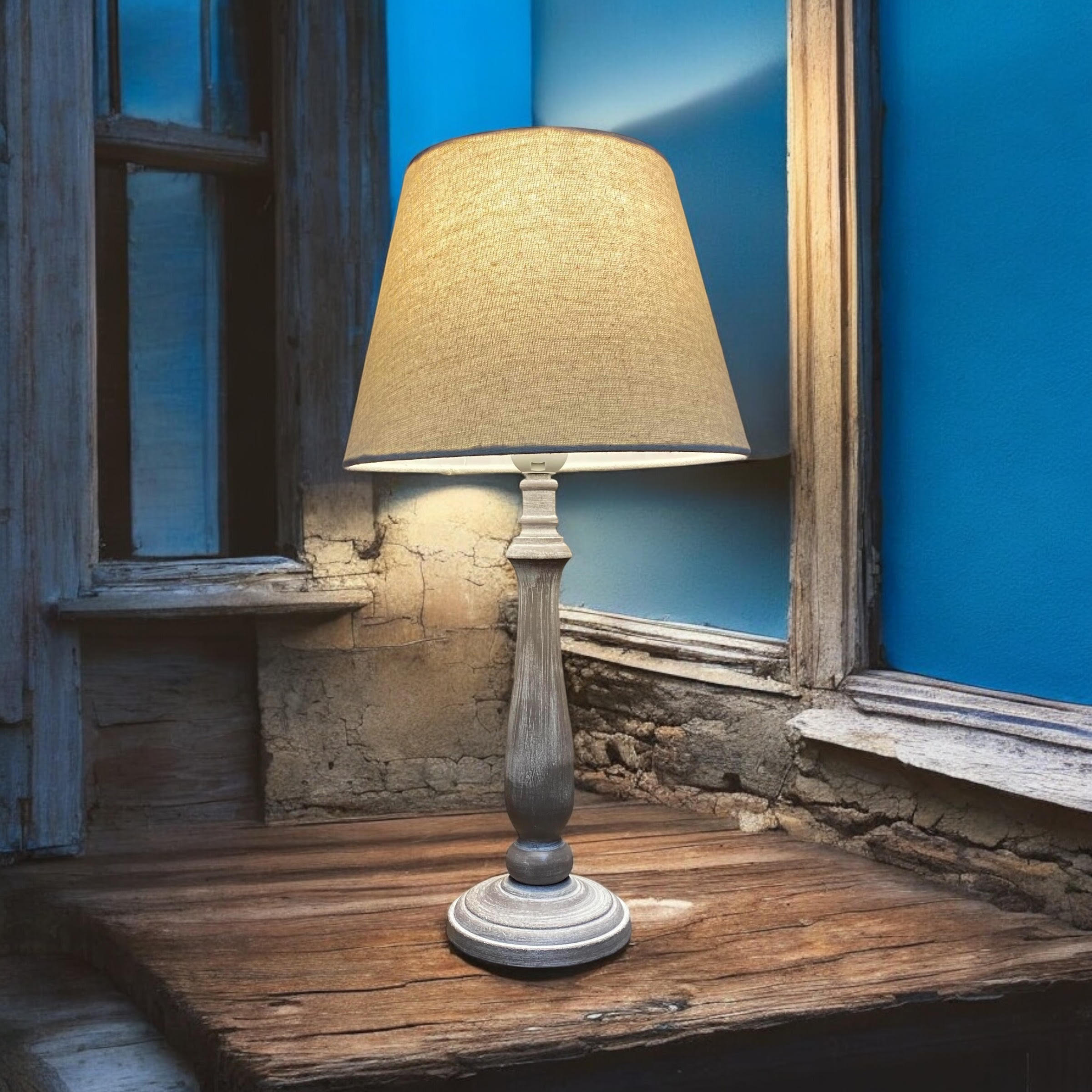 AcaciaHome Tall Wooden Beige Washed 45cm Table Lamp with Taupe Linen Shade