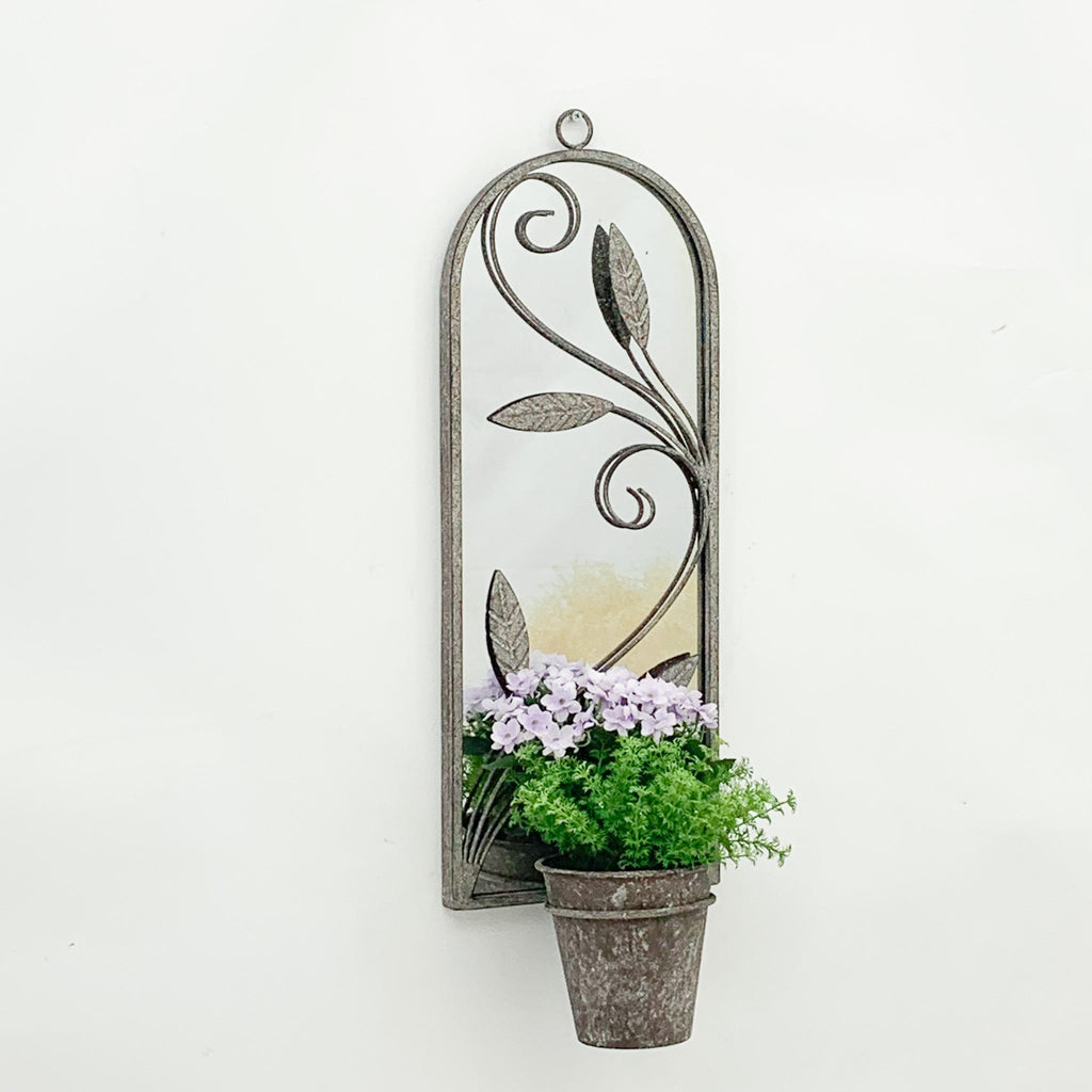Elegant Rustic Arched Garden Wall Mirror with Flower Pot Holder (1, Leaf Design)