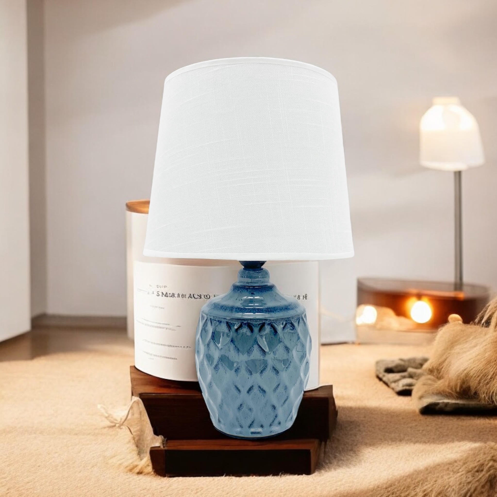 AcaciaHome Sophisticated and Durable 40cm Blue Ceramic Table Lamp with White Drum