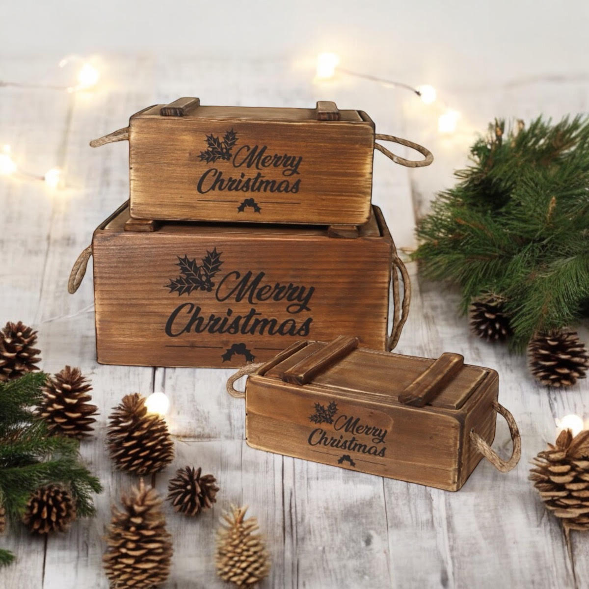 AcaciaHome Stylish and Vintage Wooden Merry Christmas Storage Crate Set (Brown)