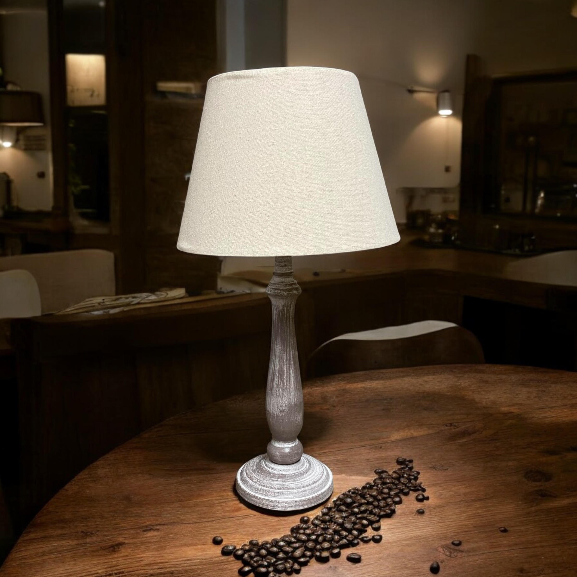 AcaciaHome Tall Wooden Beige Washed 45cm Table Lamp with Taupe Linen Shade