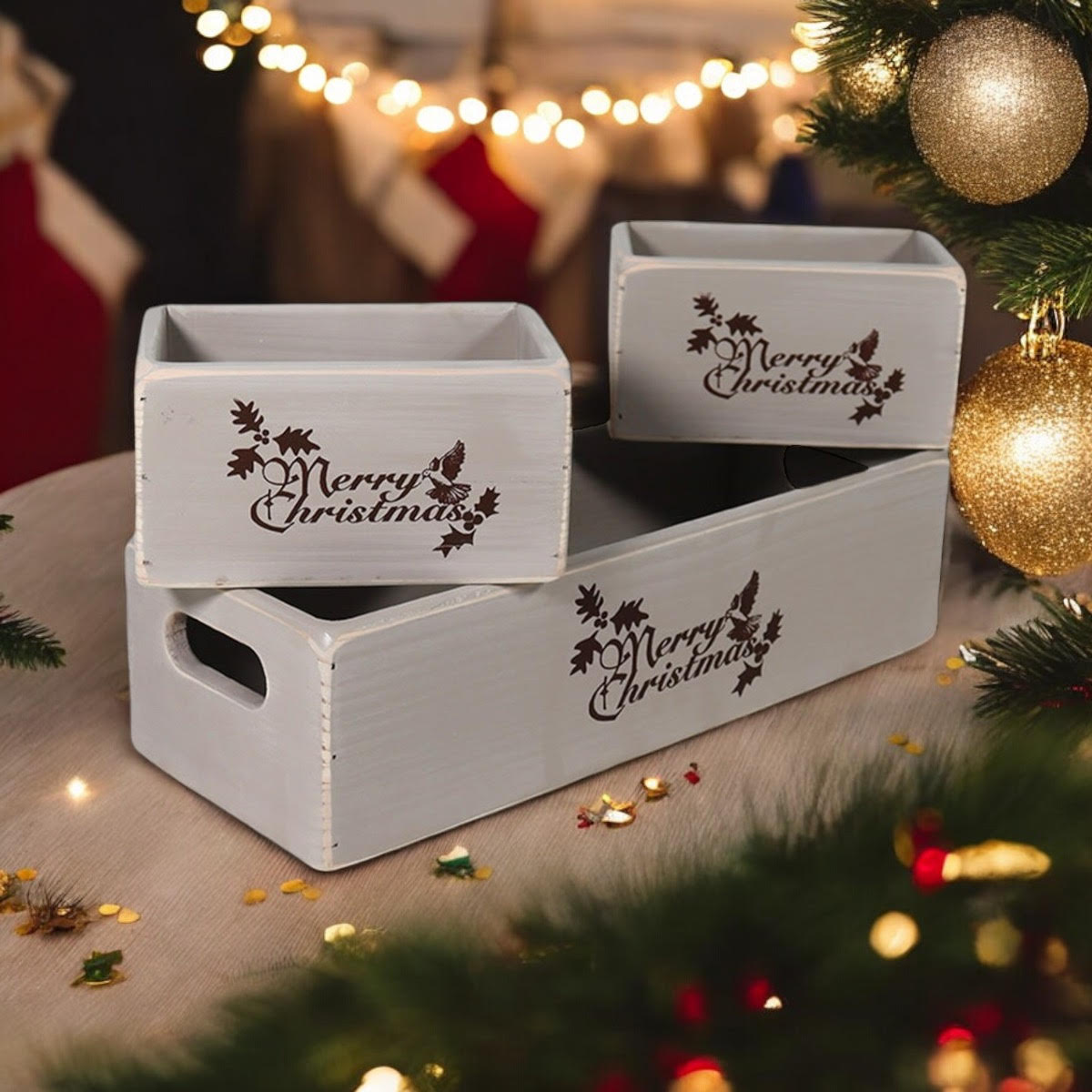 AcaciaHome Stylish and Vintage Wooden Merry Christmas Storage Crate Set (Grey)