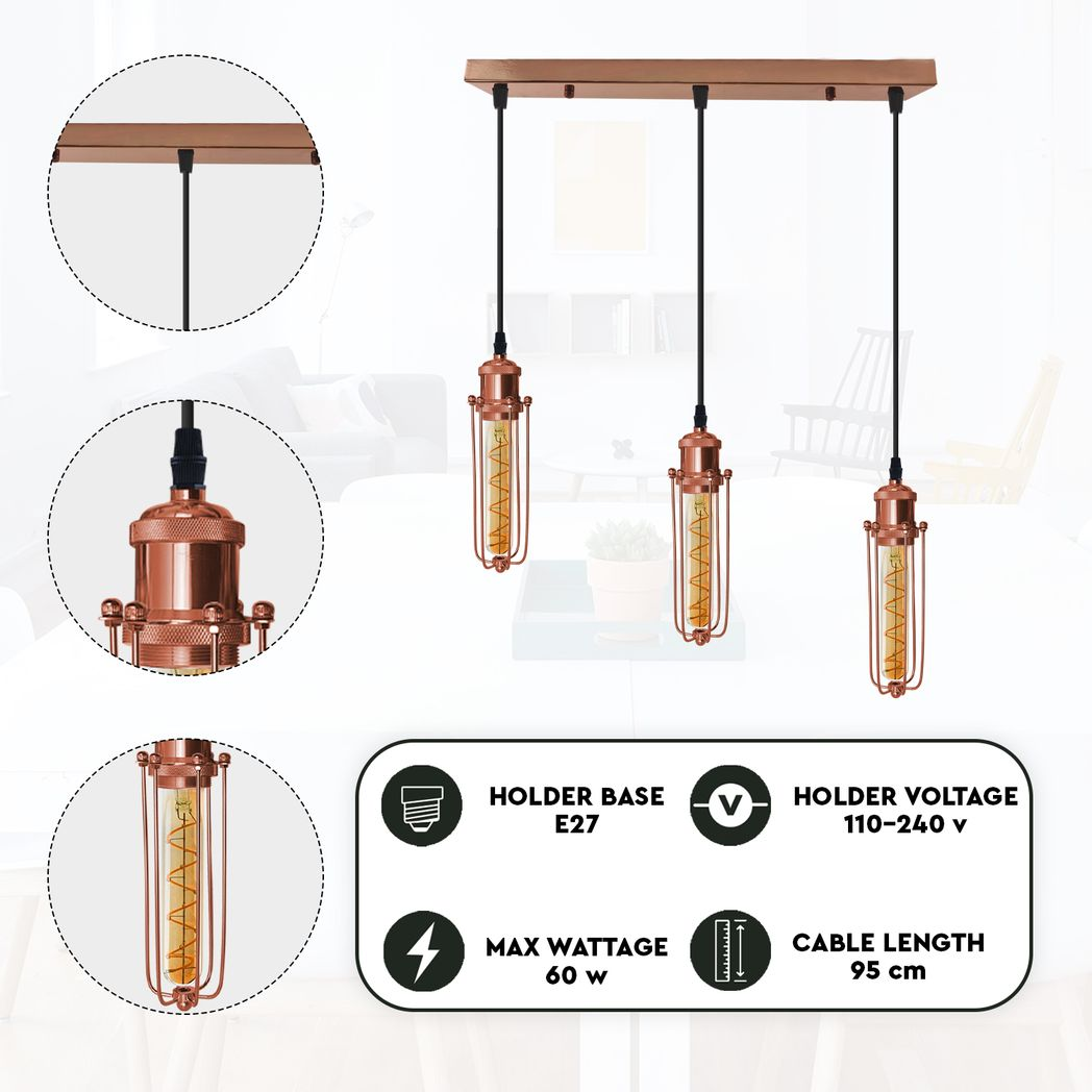 3 Head Rectangle Rose Gold Ceiling E27 Pendant Light with Wire Cage