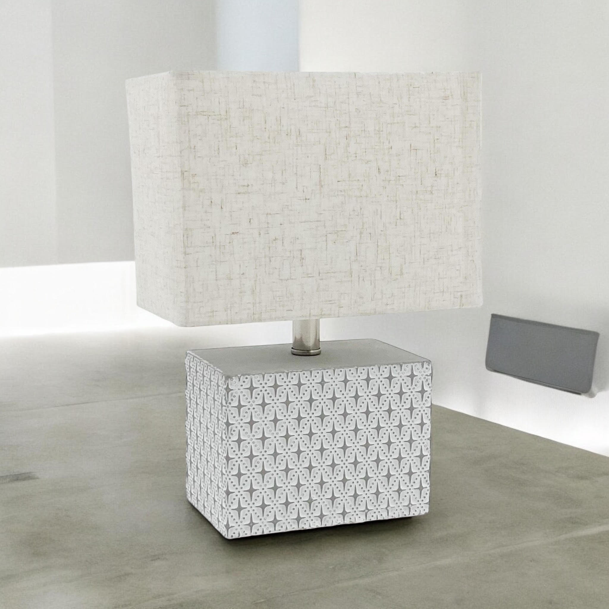 Art Deco Cream-Grey Cement Table Lamp with Diamond Pattern & Off-white Fabric