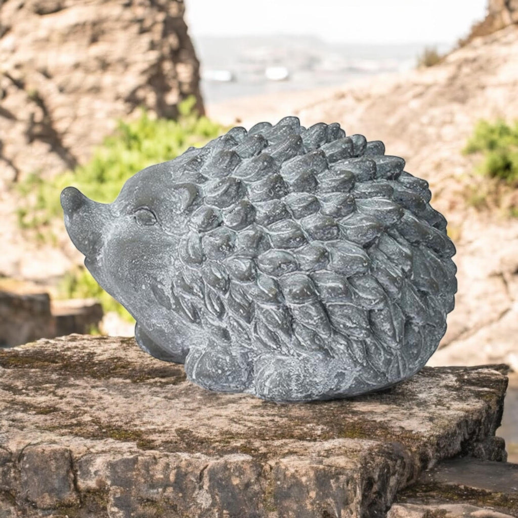 Durable Stone-Look Hedgehog Garden Sculpture (21cm Grey Hedgehog Statue)