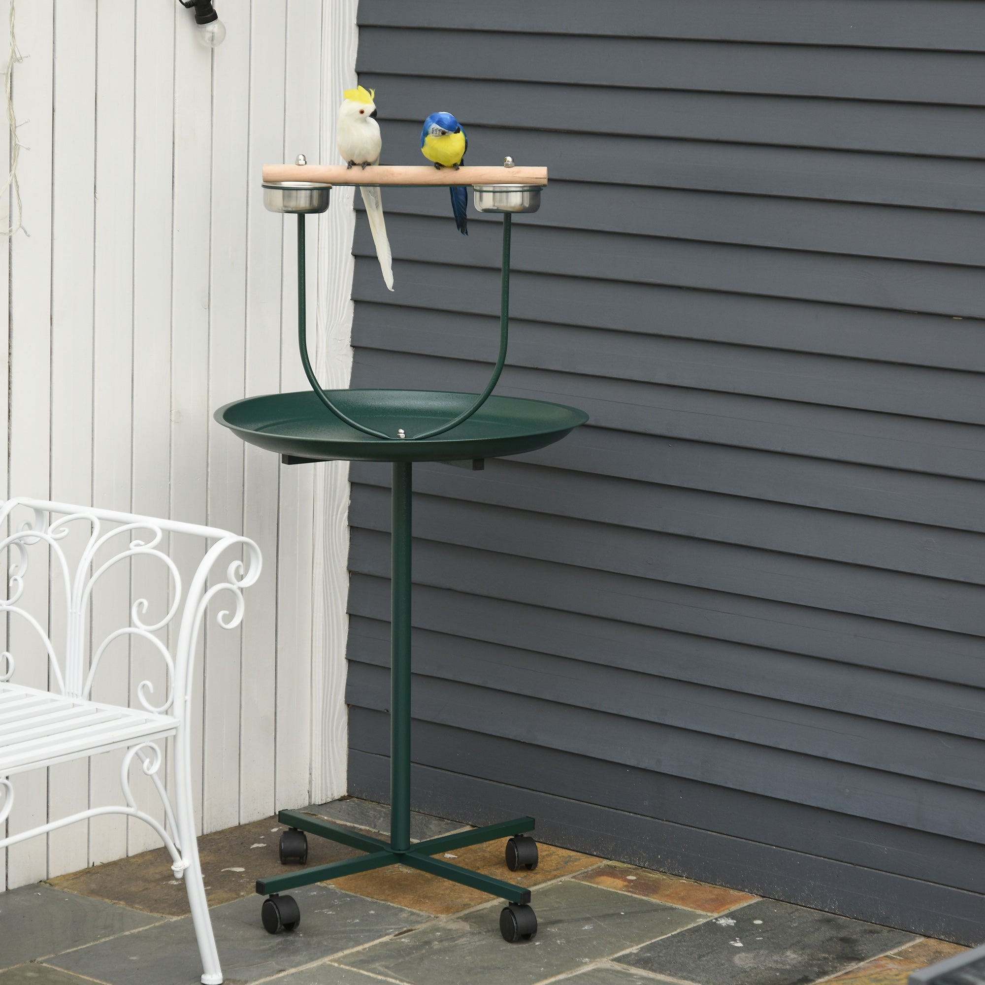 PawHut Bird Perch Stand, T-Stand Bird Training with Perch, Wheels, Bowls, Green
