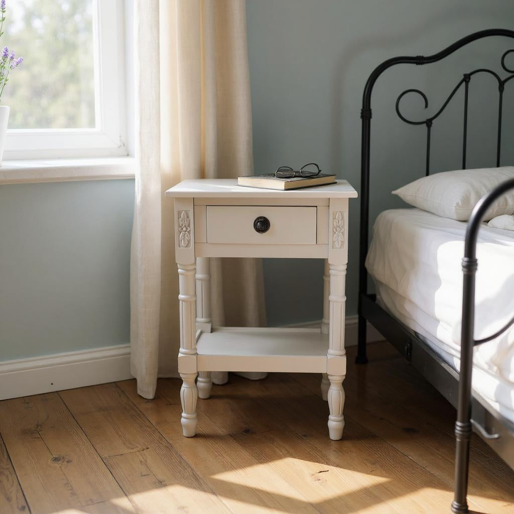 Bedside Wooden Side Table with 1 Drawer and Shelf (Floral, Grey)