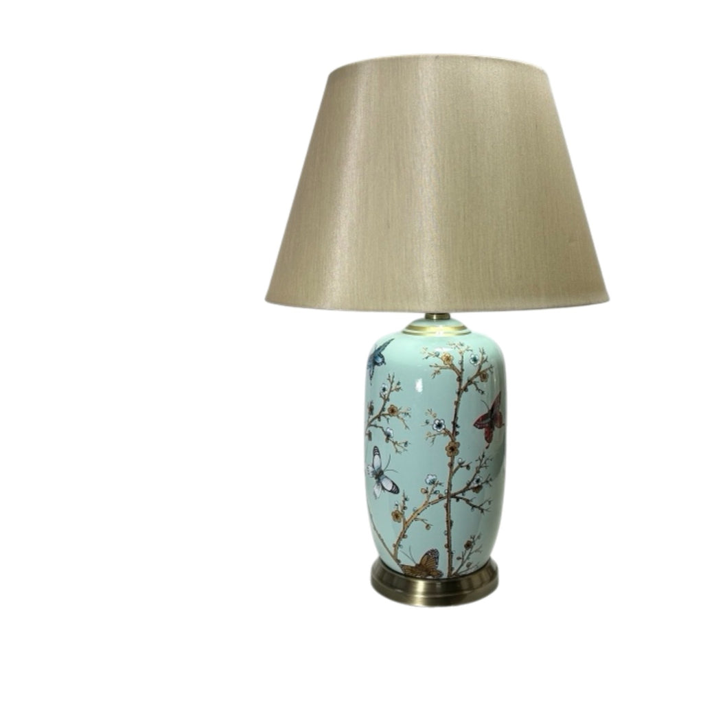 AcaciaHome 44cm Large Floral Ceramic Table Lamp with White Drum Shade