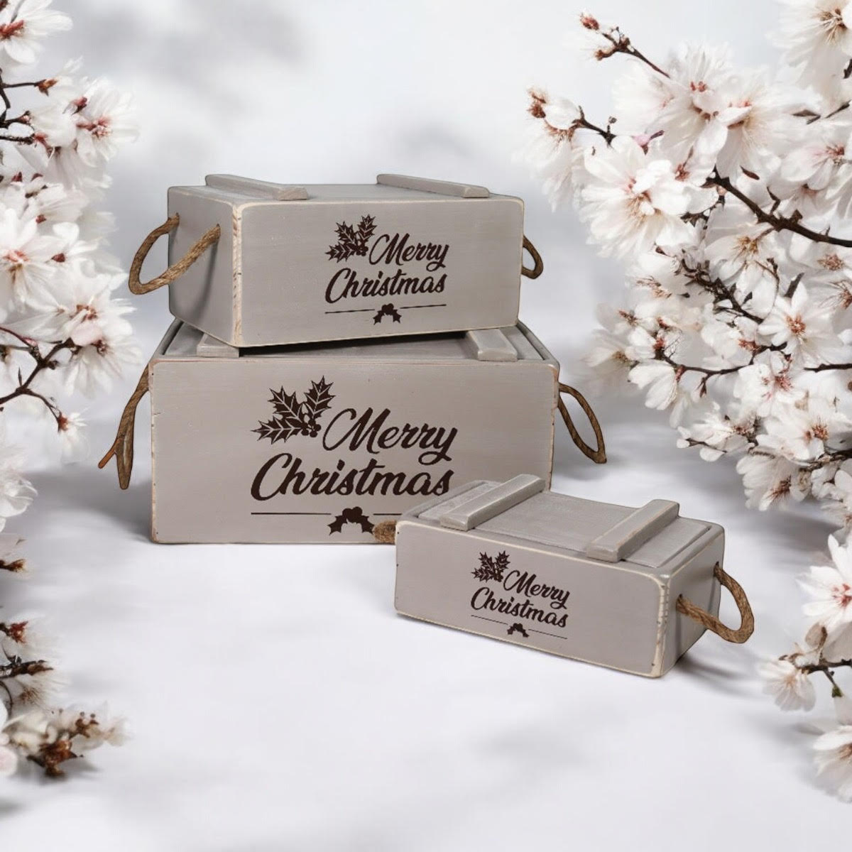AcaciaHome Stylish and Vintage Wooden Merry Christmas Storage Crate Set (Light Grey)