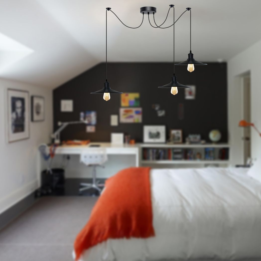 Black Vintage 3 Head Cone shaped shade Ceiling Pendant Light Fitting
