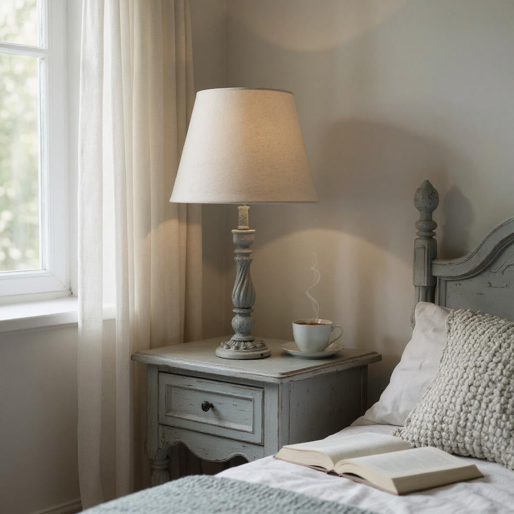 AcaciaHome Modern Tall Wooden Washed Table Lamp (41cm Grey with Cream Shade)