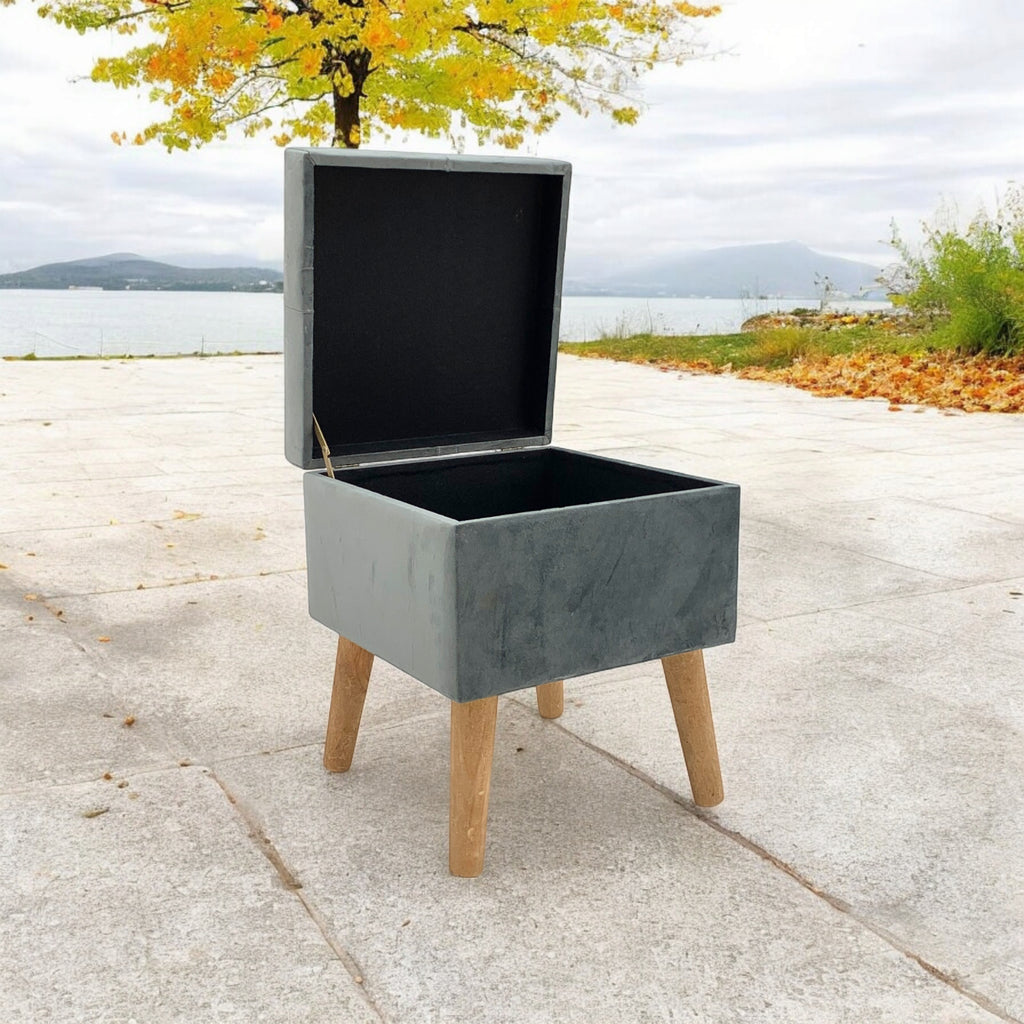 AcaciaHome Living Velvet Ottoman Footstool with Lift-Up Storage (Grey, Square)