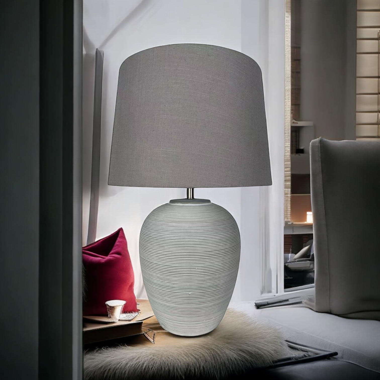 AcaciaHome Oriental Design Large Floral Ceramic Table Lamp with Drum Shade