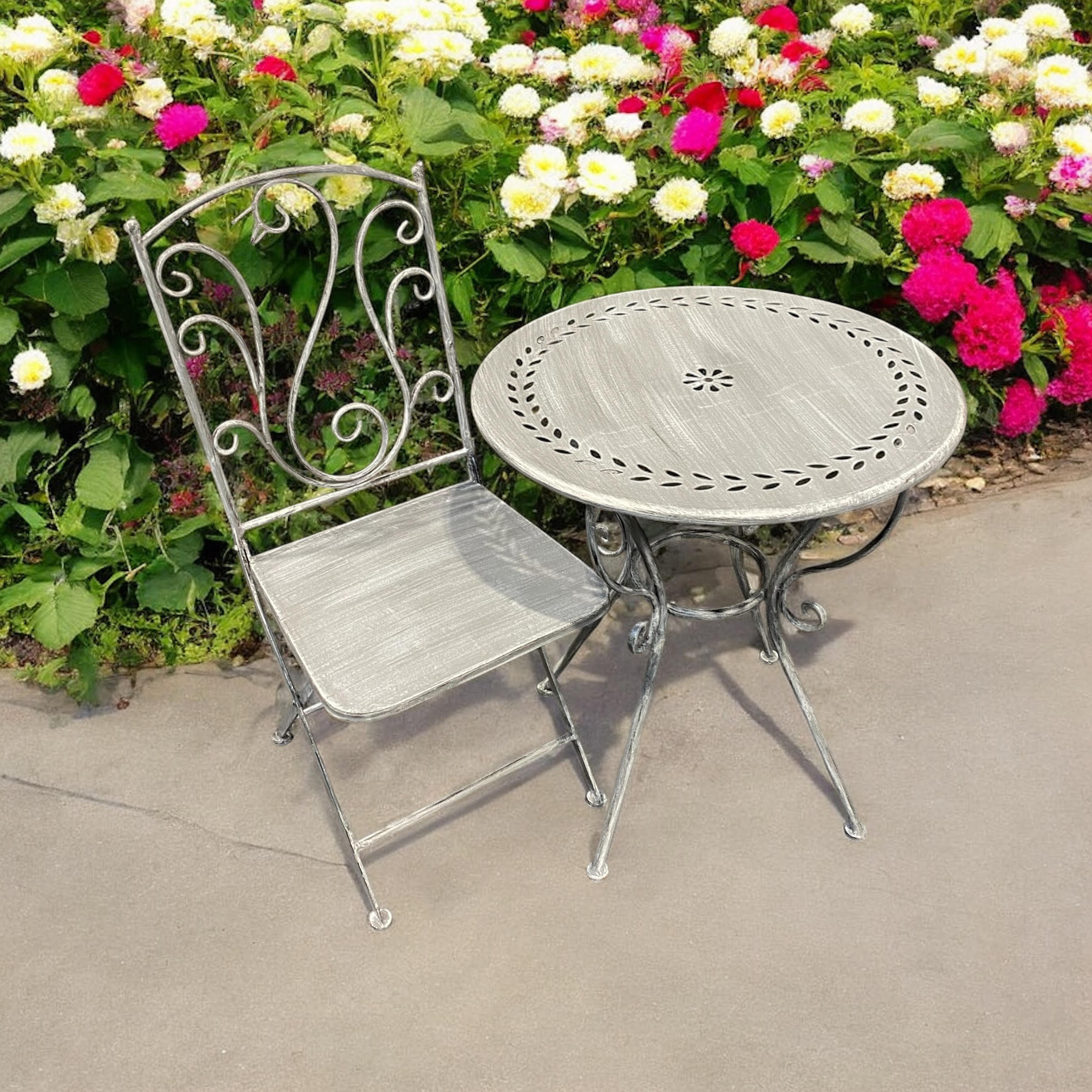 Durable Stylish 3-Piece Metal Bistro Set with Cream Finish and Foldable Chairs (Silver)