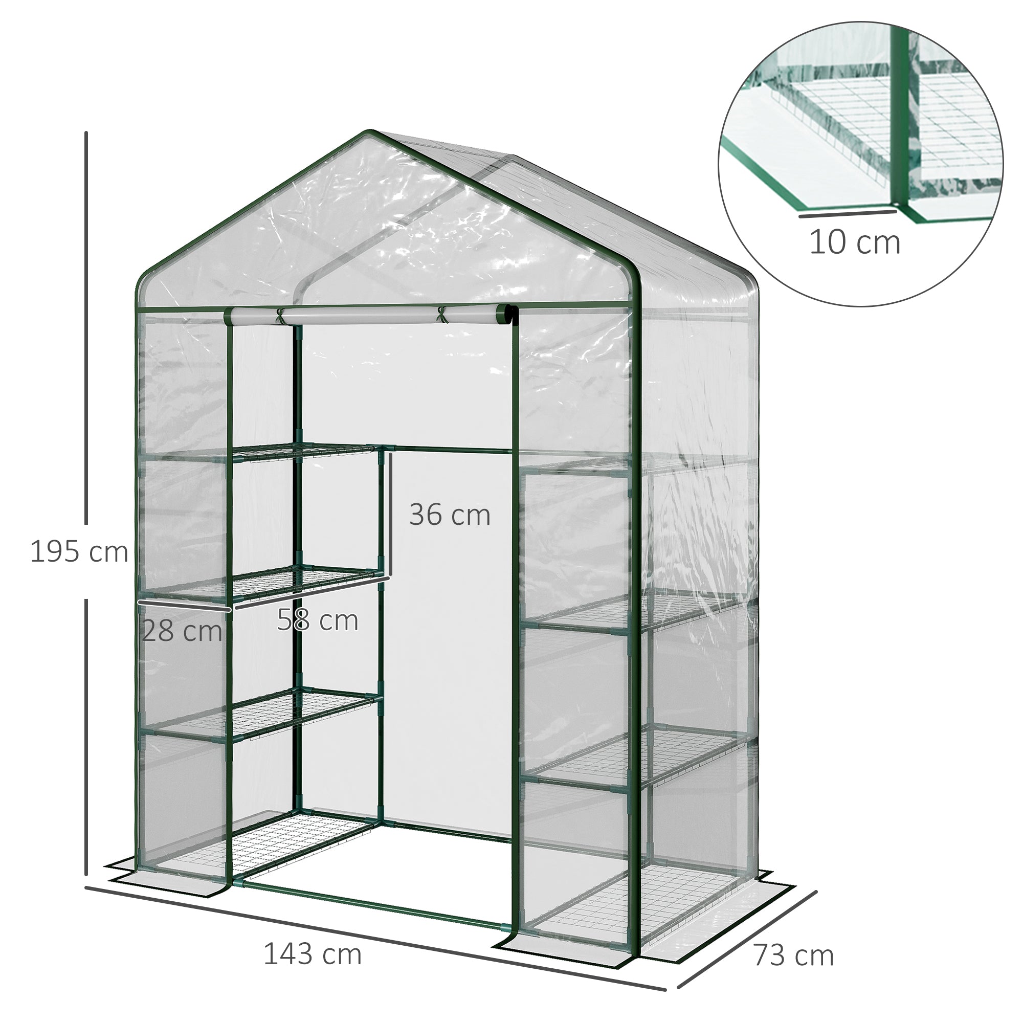 4 Tiers 8 Shelves Metal Frame Walk in Portable Greenhouse 143Lx73Wx195Hcm