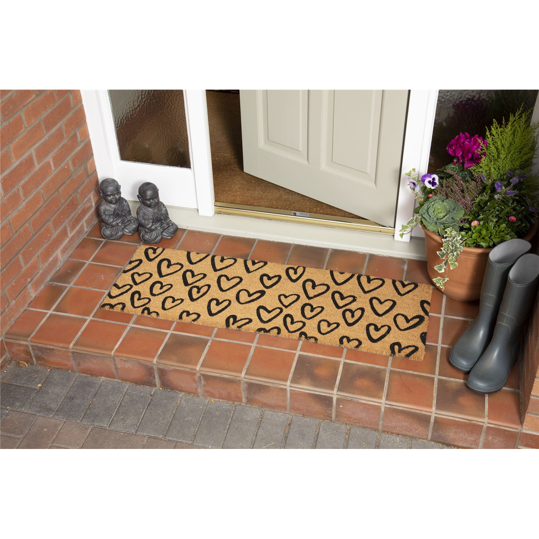 Astley Printed Hand Drawn Hearts PVC Backed Coir 40x120cm Natural Doormat