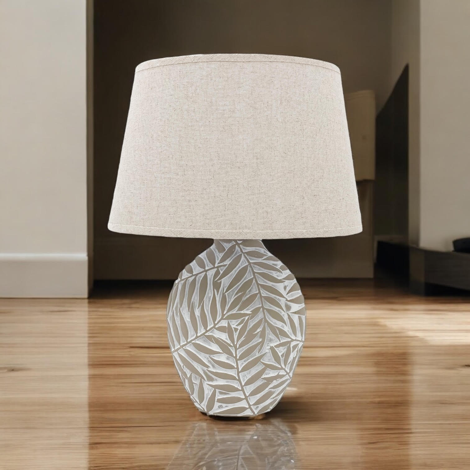 Ceramic Table Lamp with Minimalist Design, Textured Base and Fabric Shade