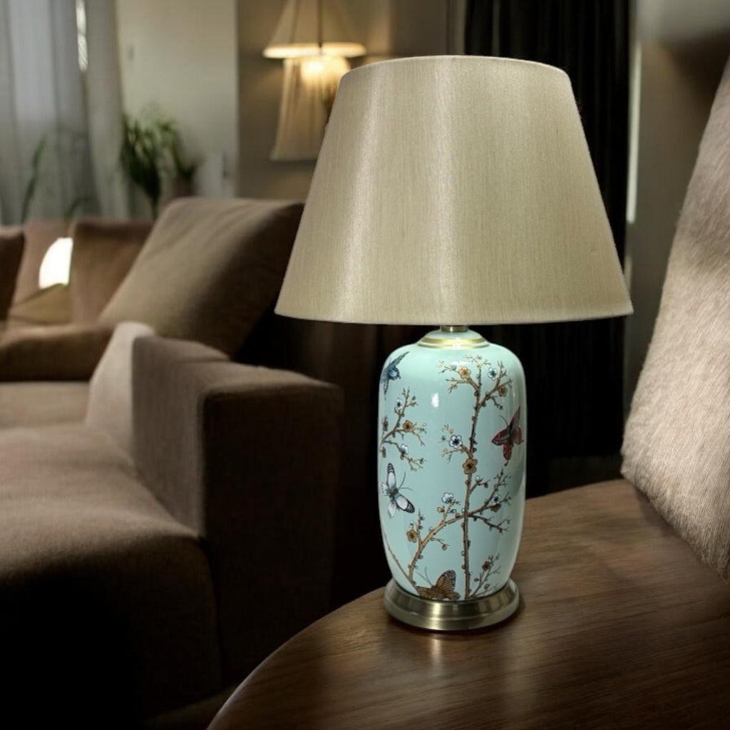 AcaciaHome 44cm Large Floral Ceramic Table Lamp with White Drum Shade