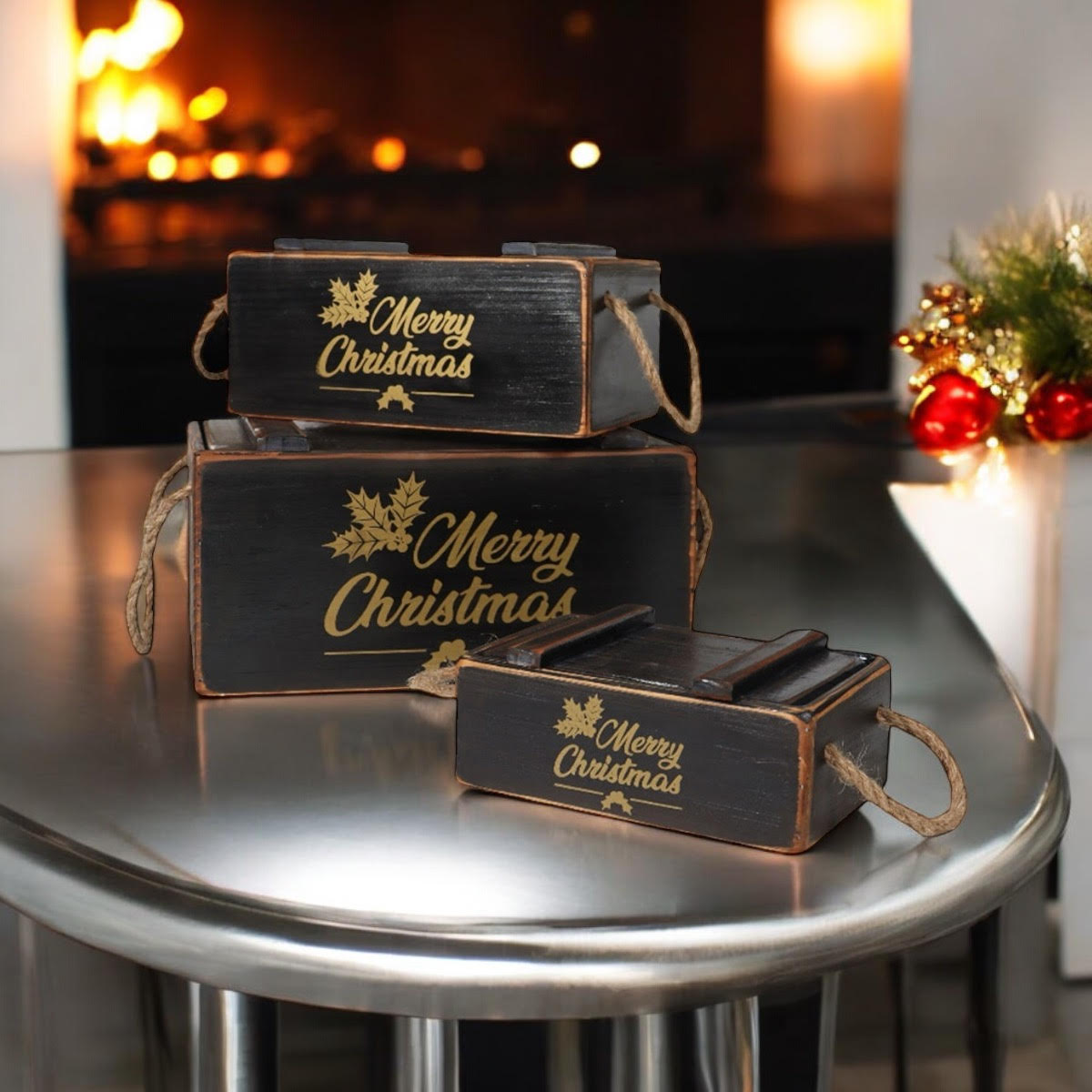 AcaciaHome Stylish and Vintage Wooden Merry Christmas Storage Crate Set (Black)