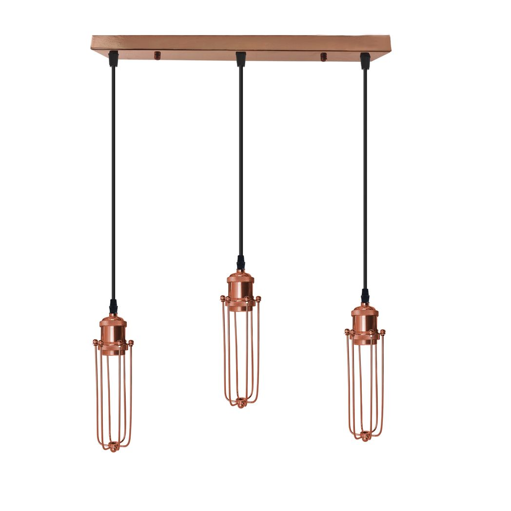 3 Head Rectangle Rose Gold Ceiling E27 Pendant Light with Wire Cage