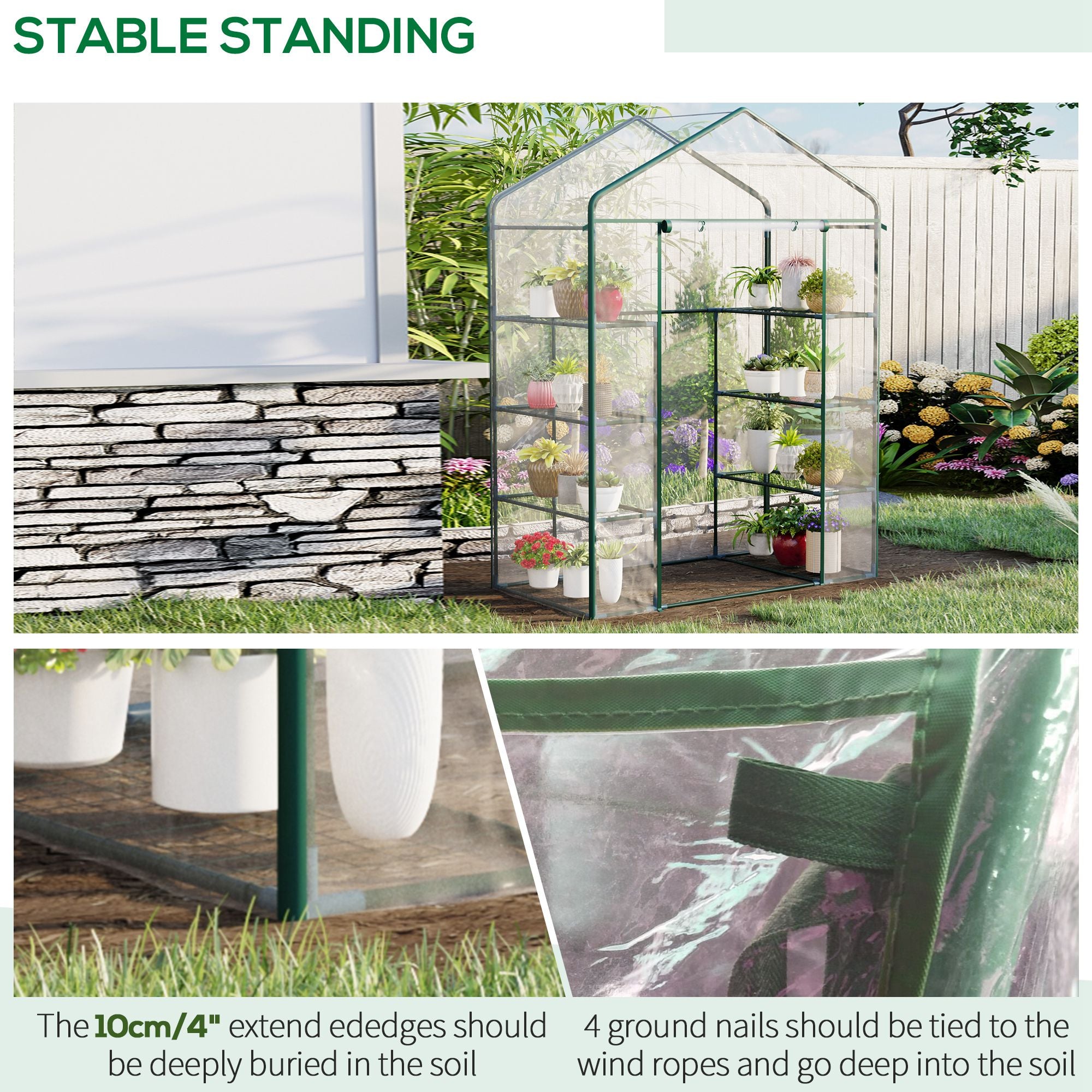 4 Tiers 8 Shelves Metal Frame Walk in Portable Greenhouse 143Lx73Wx195Hcm
