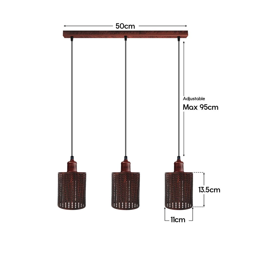 Vintage Industrial Rustic Red 3 Head Reactangle Base Pendant Cord E27