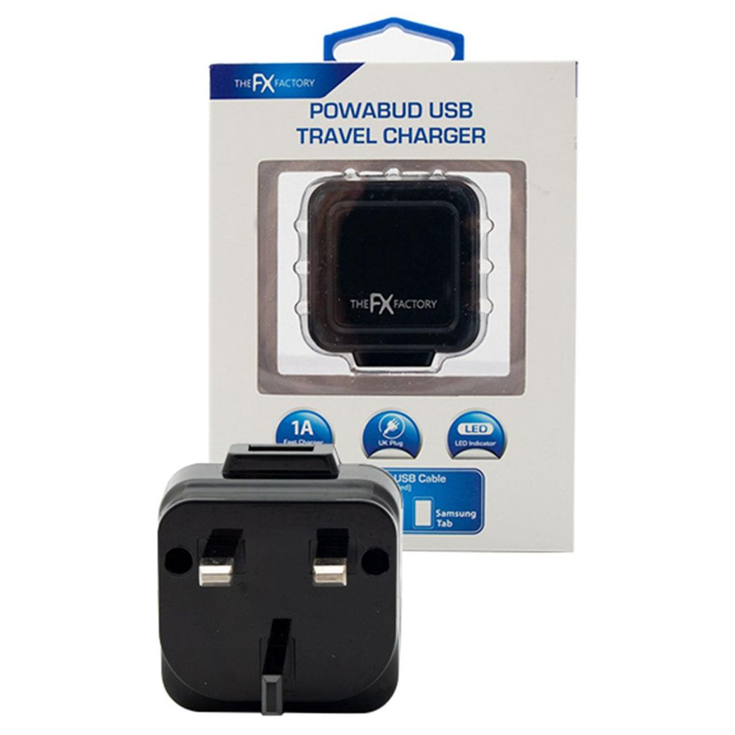 FX Mains Charger Powabud for USB 1A & Micro USB Devices for USB 1A - Black