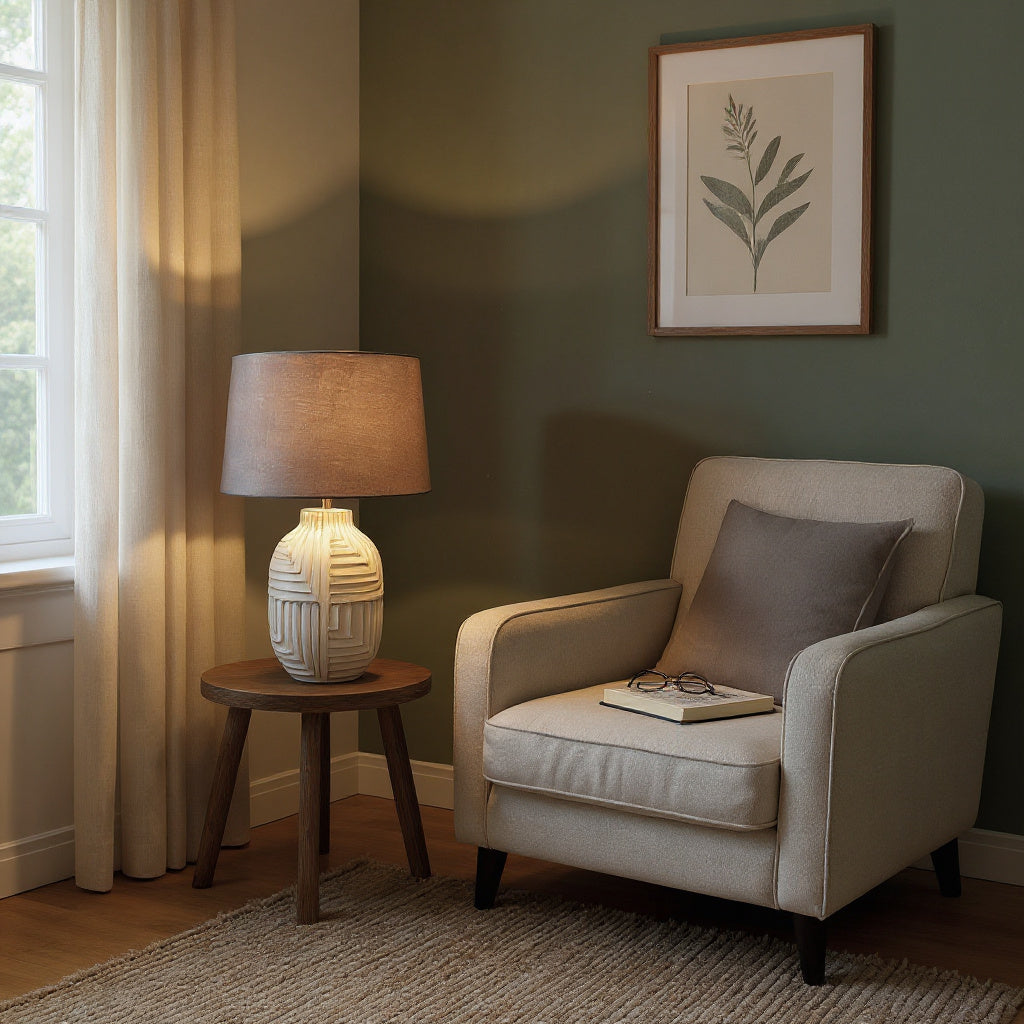 Oriental Design Large Floral Ceramic Table Lamp with Drum Shade (50cm Stone Look)