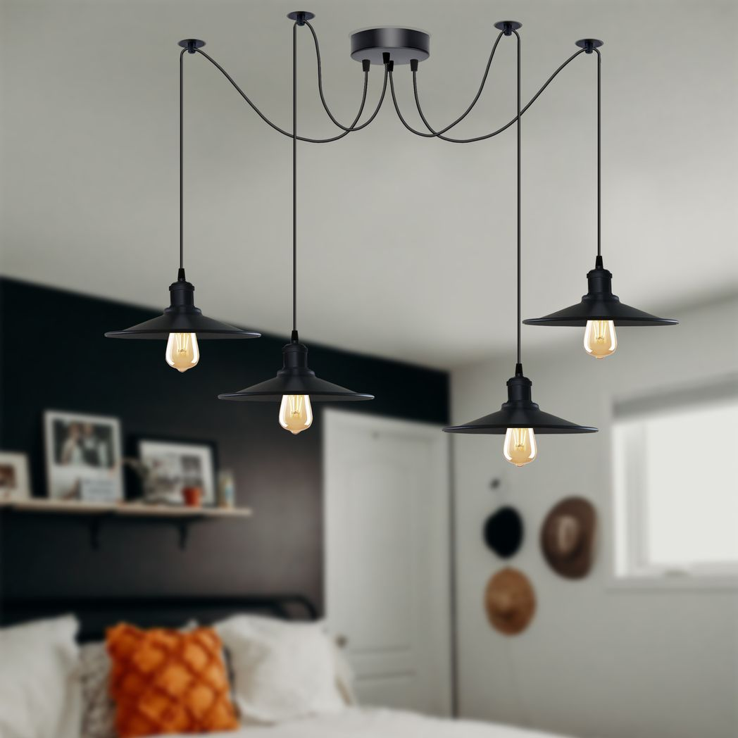 Black Vintage 4 Head Cone shaped shade Ceiling Pendant Light Fitting