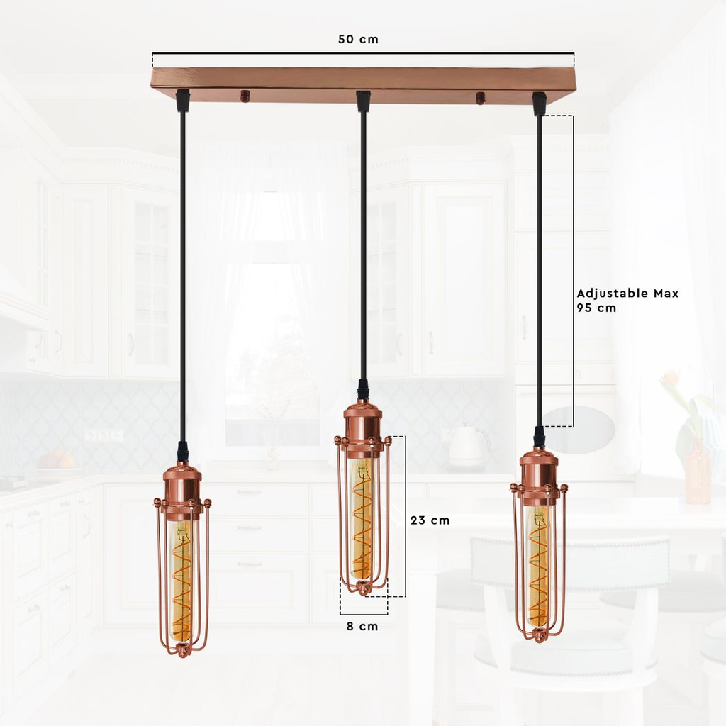 3 Head Rectangle Rose Gold Ceiling E27 Pendant Light with Wire Cage