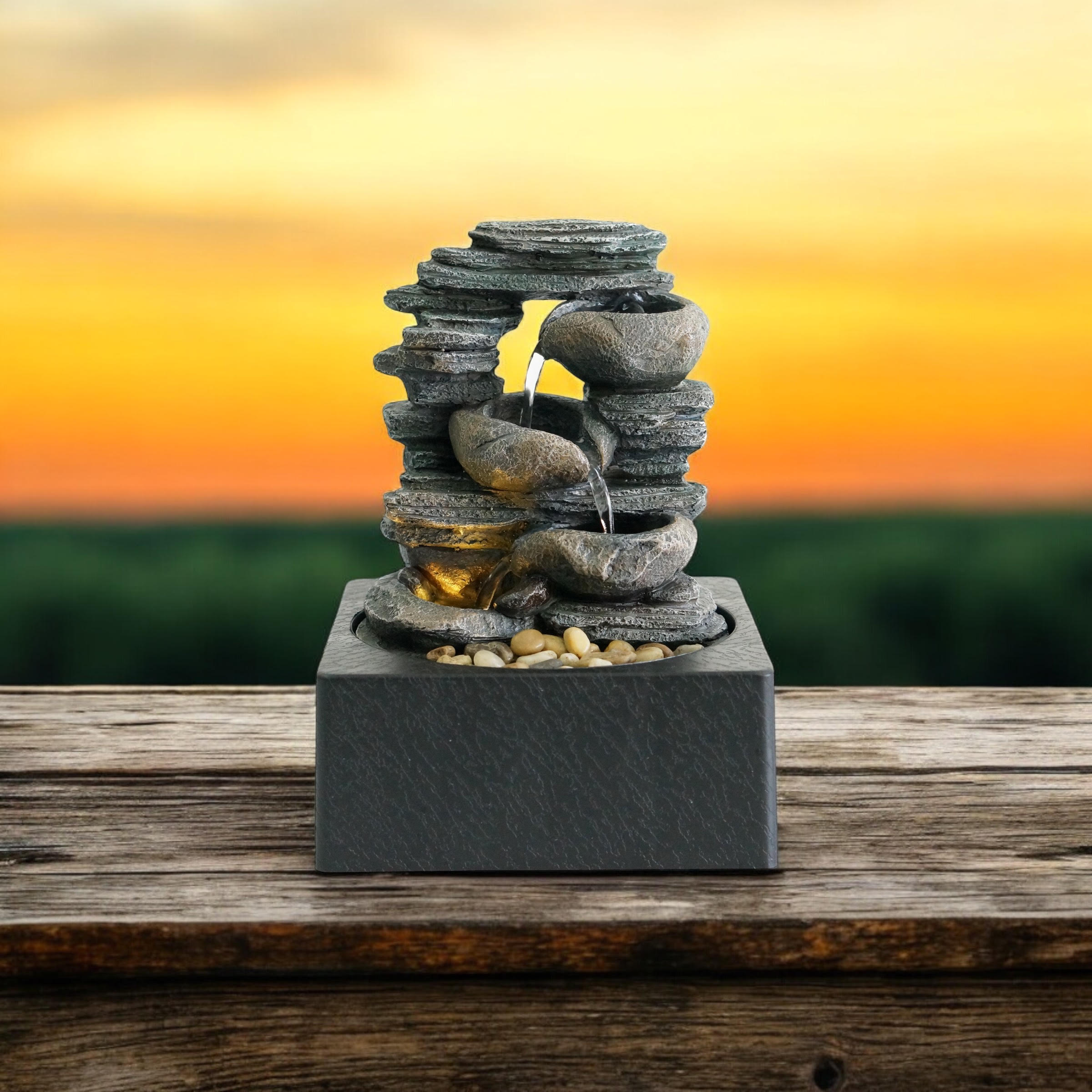 Water Feature Indoor Outdoor LED Fountain (Round Grey Waterfall)