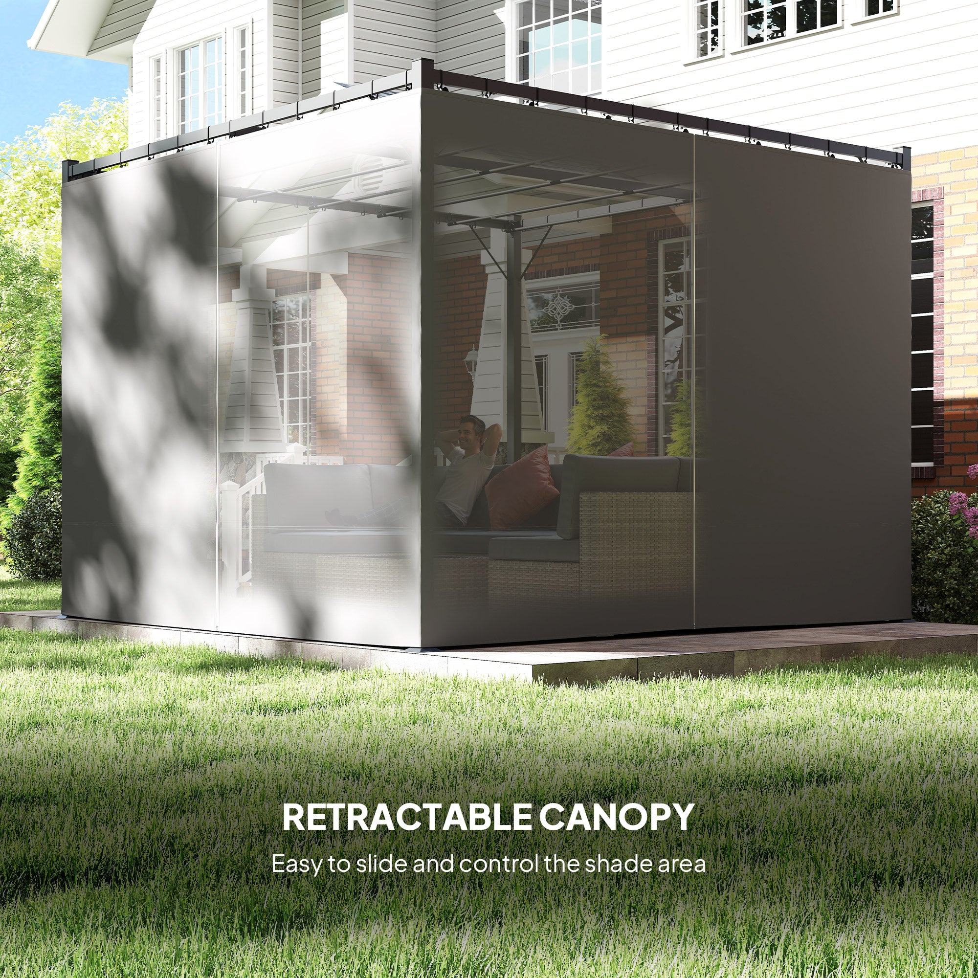 Outsunny 3 x 3(m) Pergola with Retractable Roof and Curtains, Light Grey