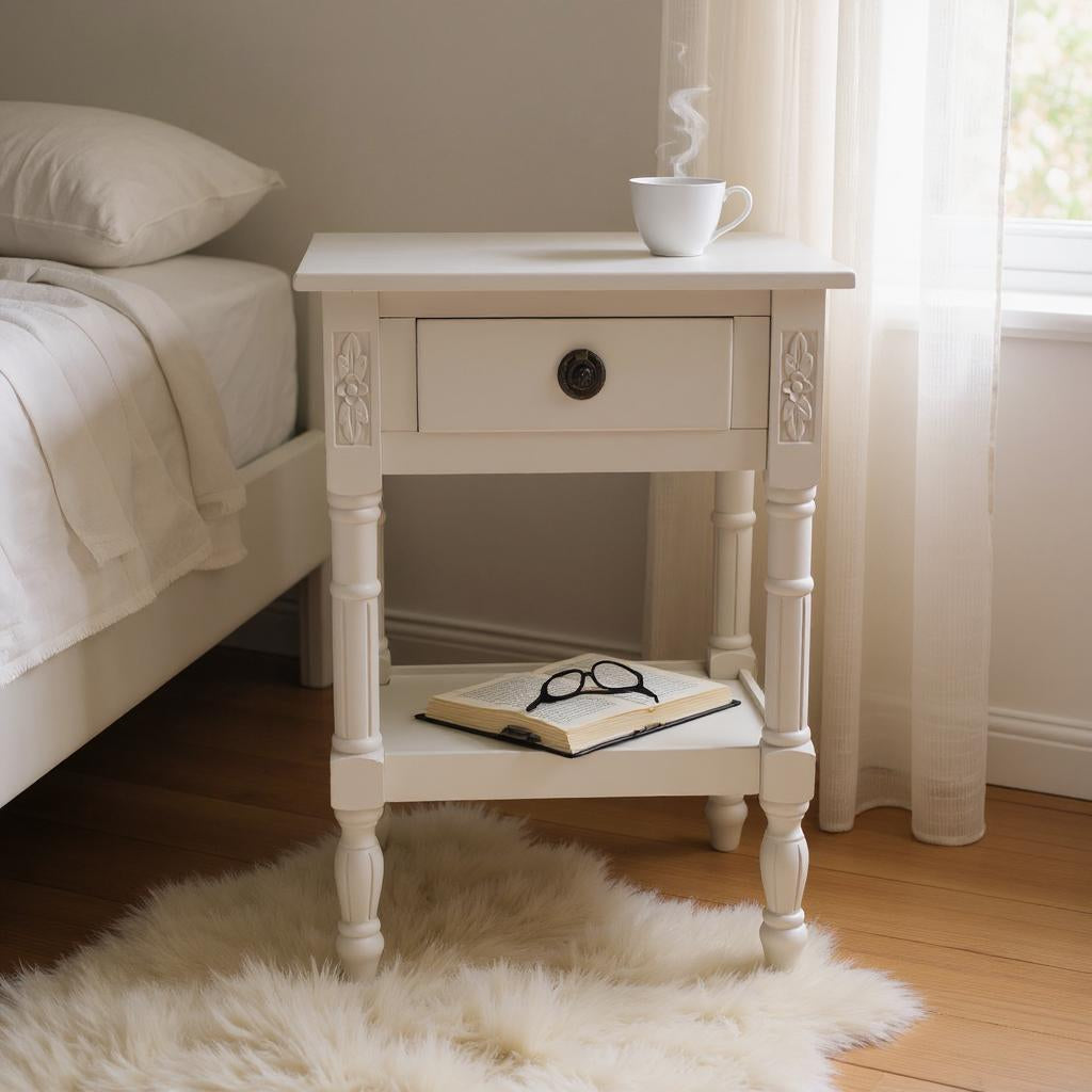 Bedside Wooden Side Table with 1 Drawer and Shelf (Floral, Grey)